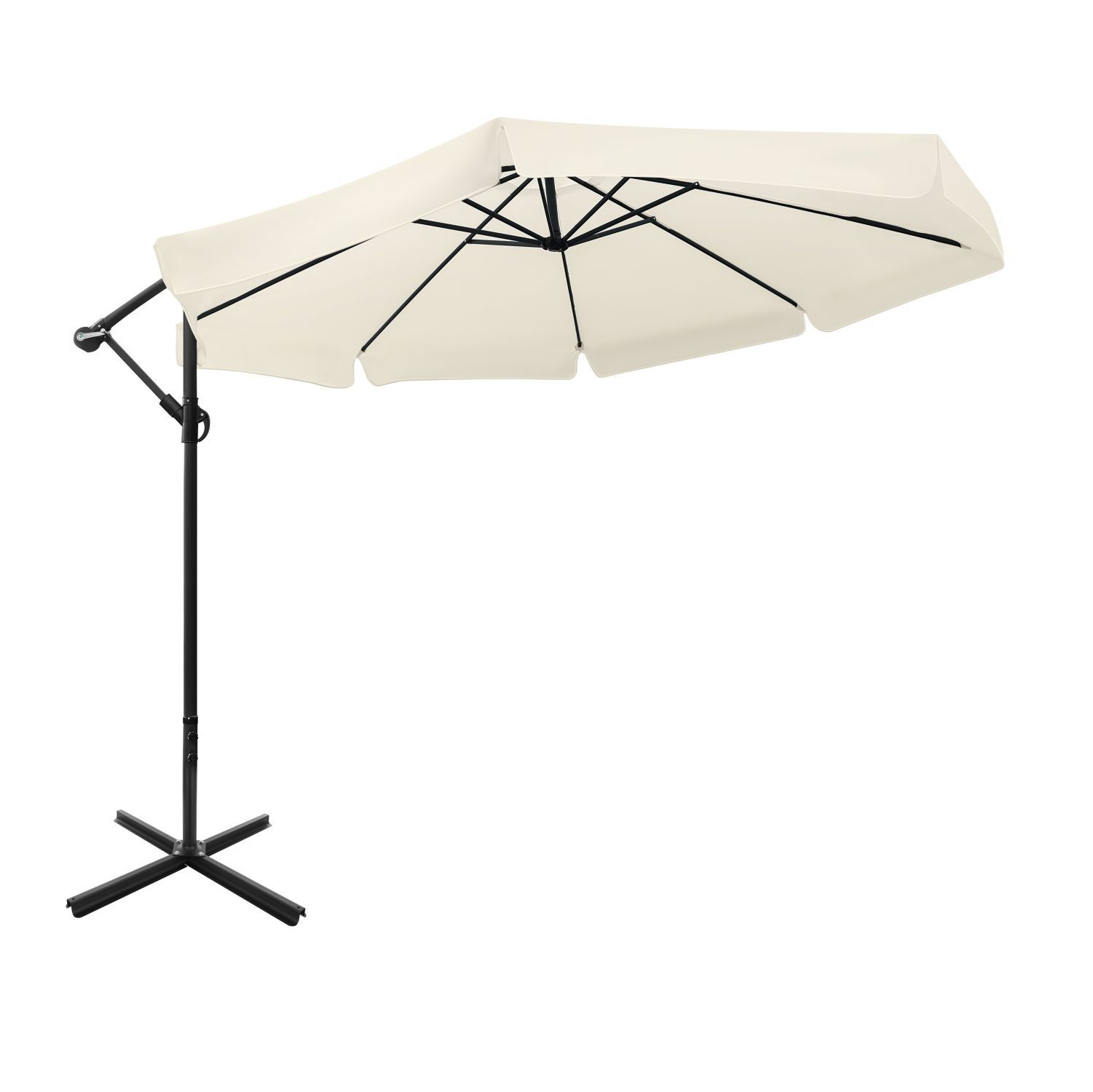 Kremowy parasol boczny z czarną ramą i podstawą.