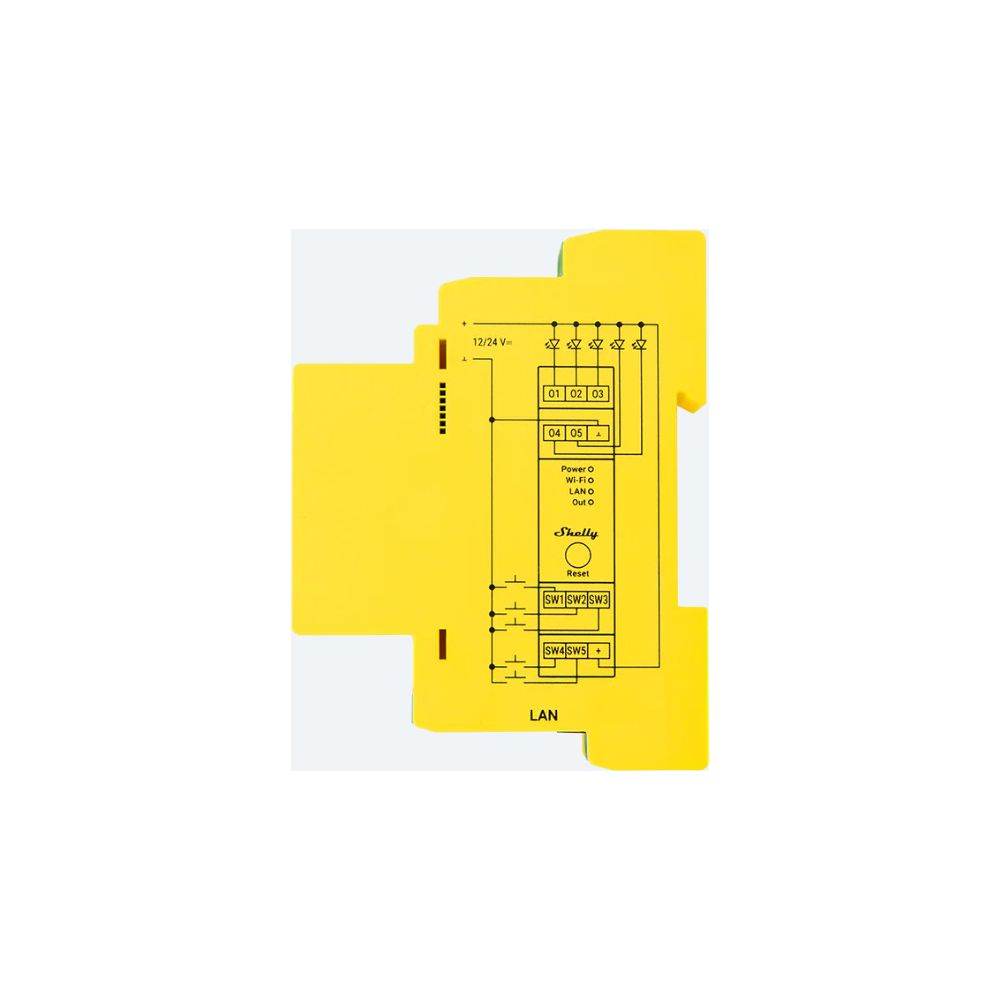 Dispositivo Shelly amarillo con etiquetas para alimentación, Wi-Fi, LAN, reinicio e interruptores.