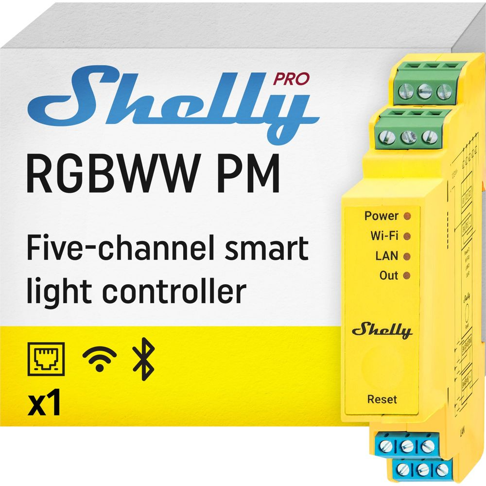Controlador de luz inteligente Shelly RGBWW PM. Incluye dispositivo, iconos para LAN, Wi-Fi, Bluetooth y cantidad x1.