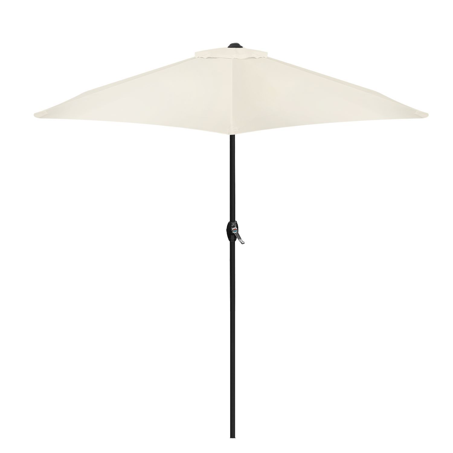 Kremowy parasol ogrodowy z czarnym drążkiem na białym tle.
