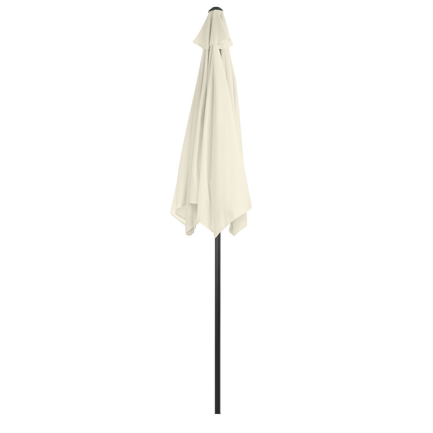 Zamknięty kremowy parasol z czarnym stojakiem na białym tle.