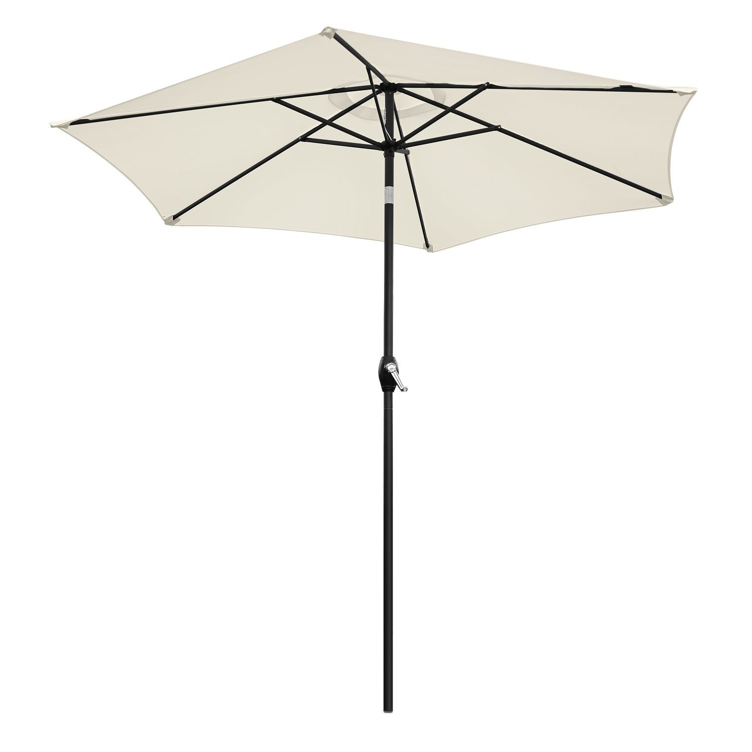 Kremowy parasol ogrodowy z czarną ramą, na białym tle.