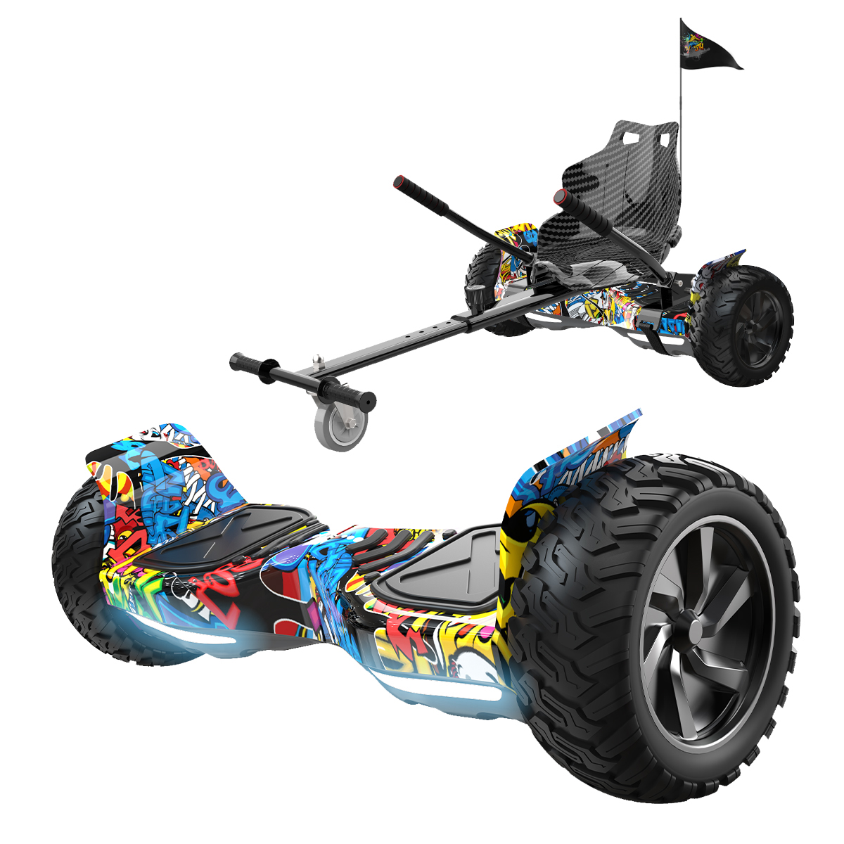 Hoverboard met go-kart-opzetstuk, beide met graffiti-ontwerp en LED-verlichting.