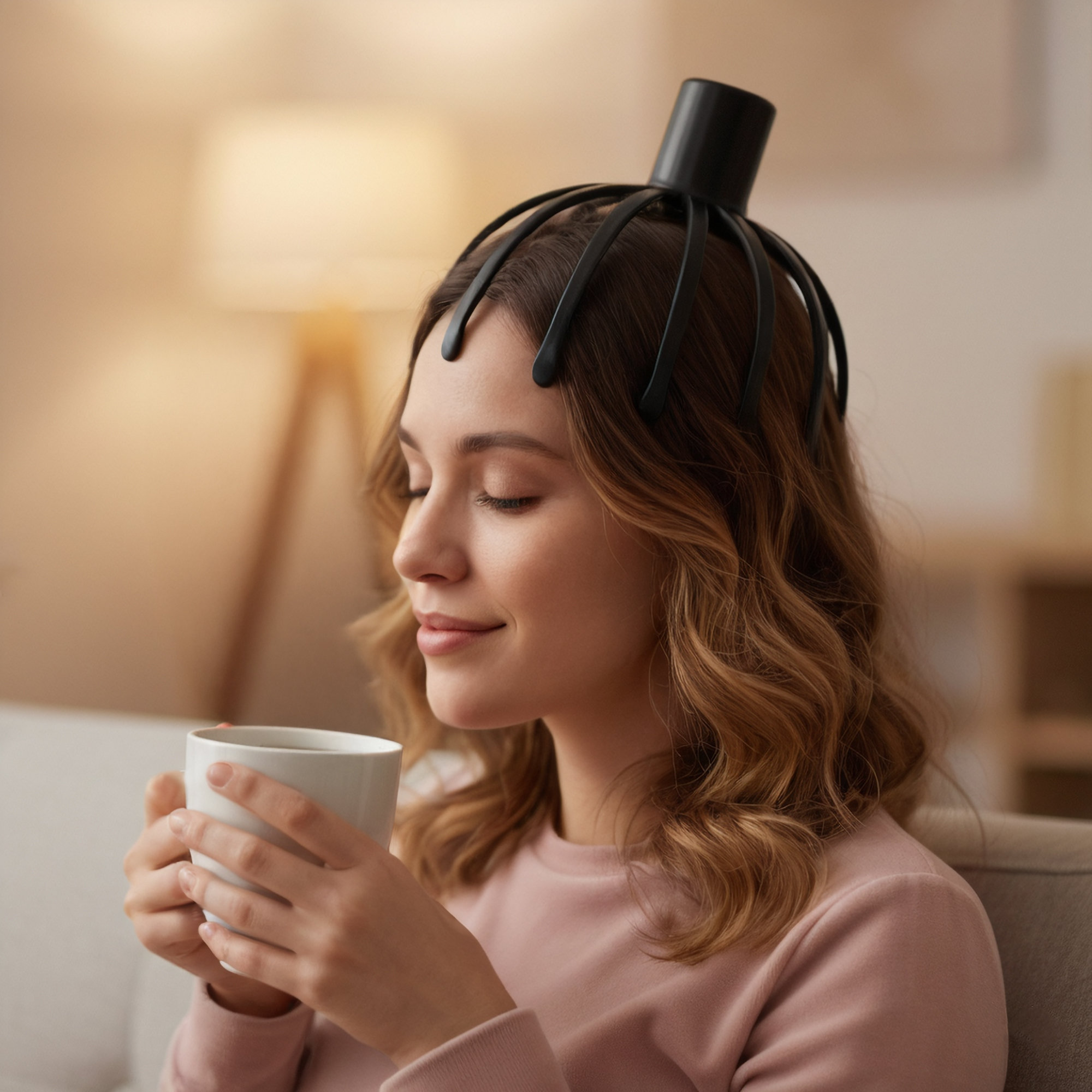Una mujer sentada en un sofá con una taza de café. Un masajeador de cabeza en su cabeza.