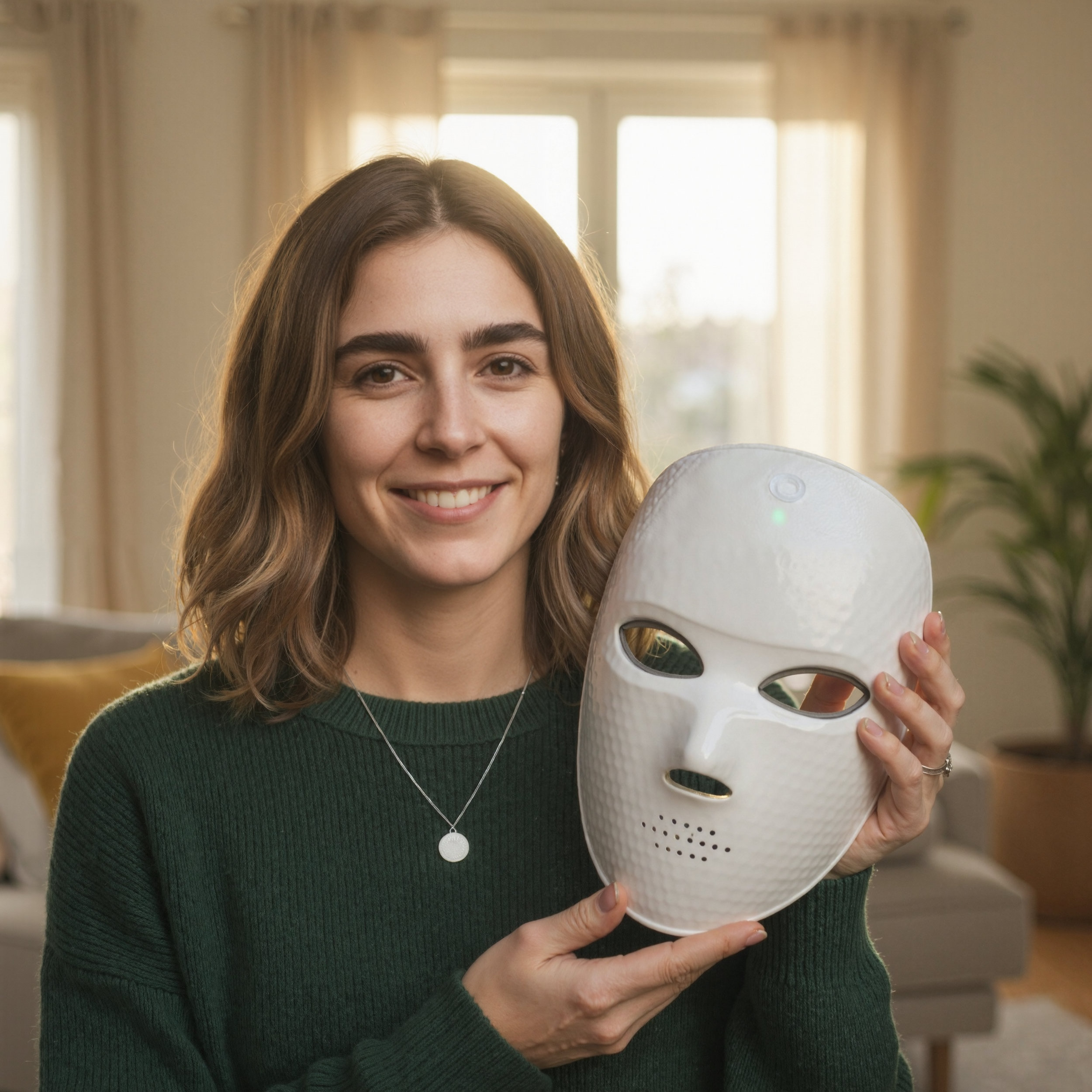 Una mujer sostiene una máscara LED blanca frente a su cara, sonriendo.