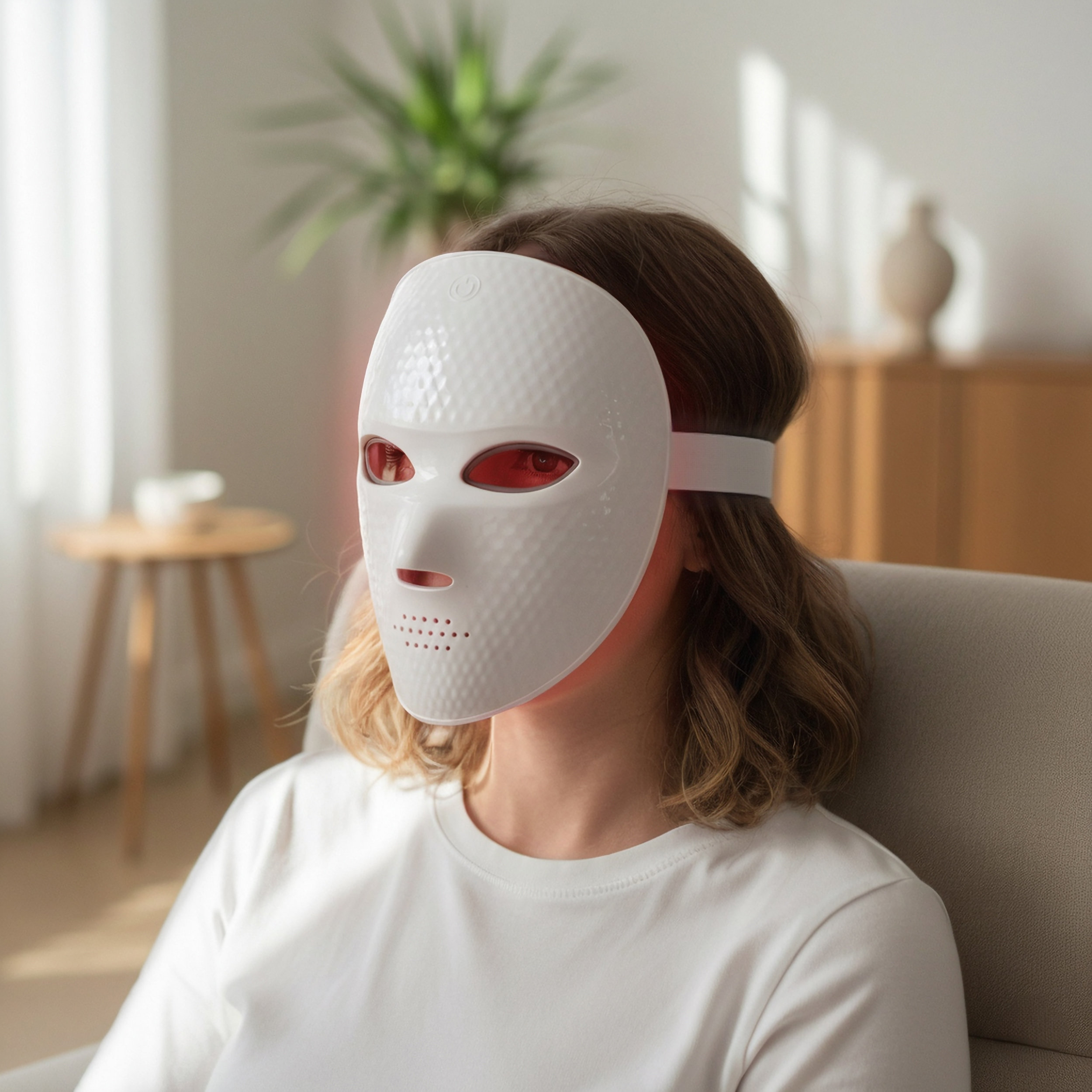 Mujer con mascarilla facial LED blanca con luces rojas sentada en sillón.