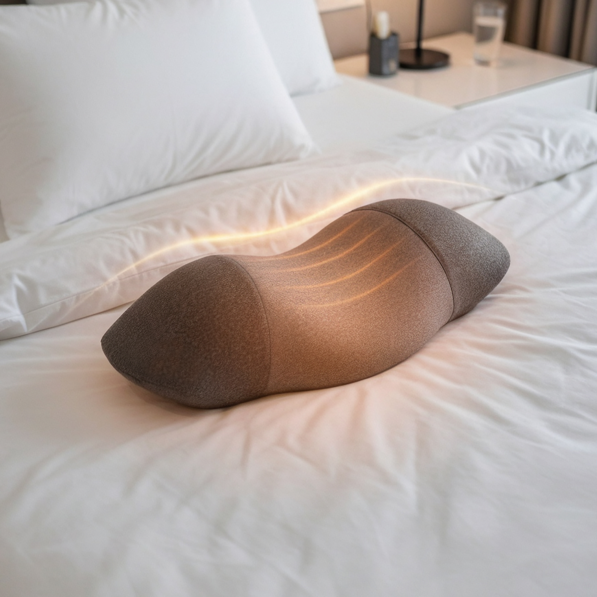 Una almohada ergonómica marrón descansa sobre una cama blanca con almohadas blancas.