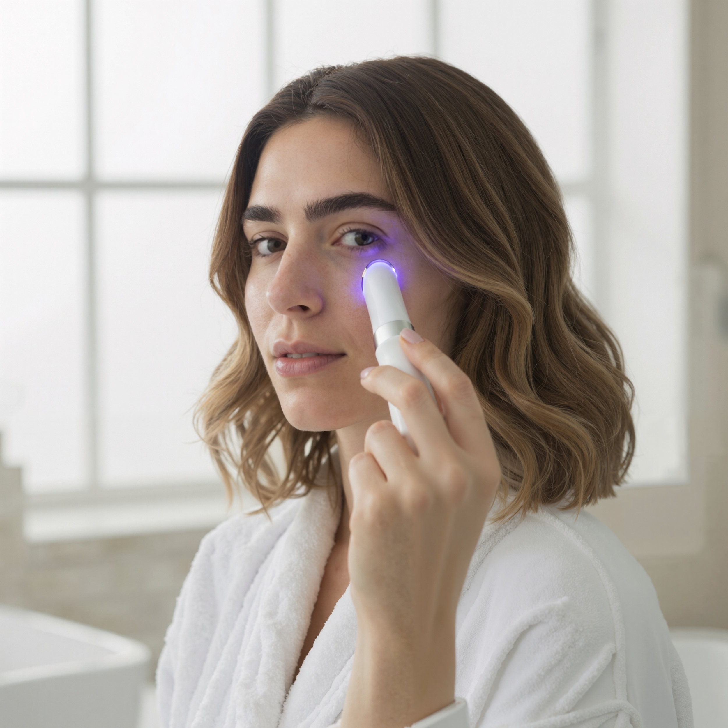 Mujer con bata blanca usa dispositivo de luz azul para la piel cerca del ojo.