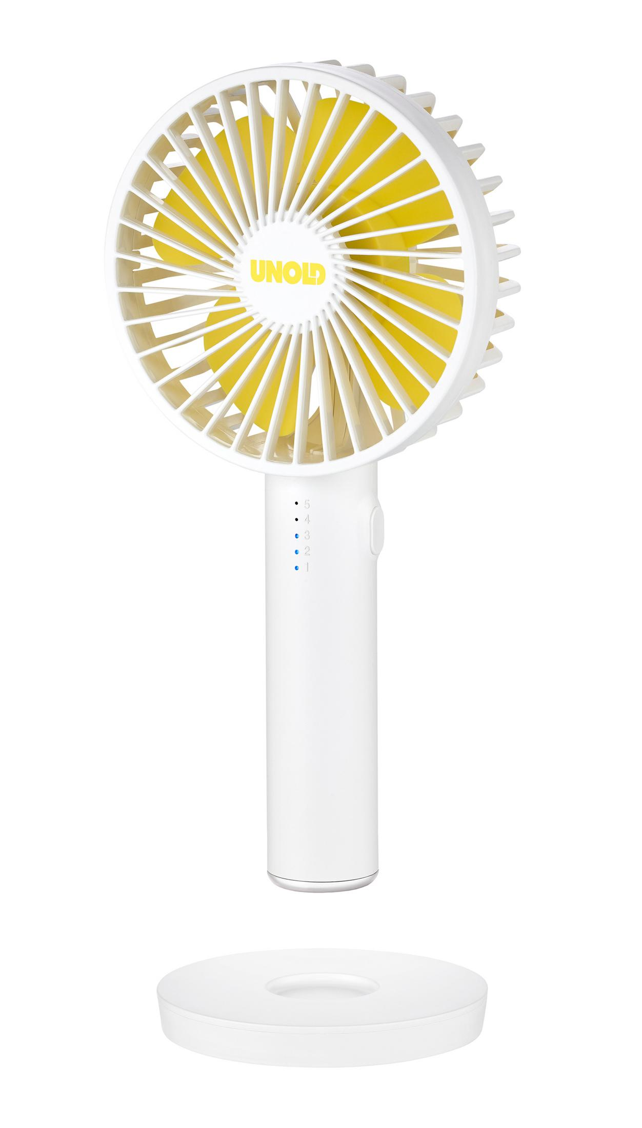 Ein weißer, tragbarer Ventilator mit gelben Rotorblättern und UNOLD-Logo.
