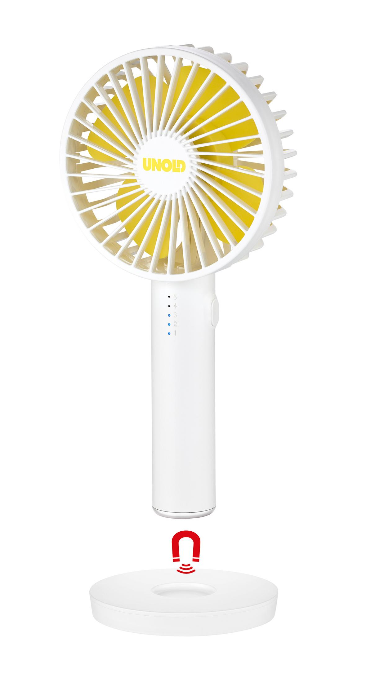 Ein weißer Ventilator mit gelben Rotorblättern auf einem weißen Ständer.