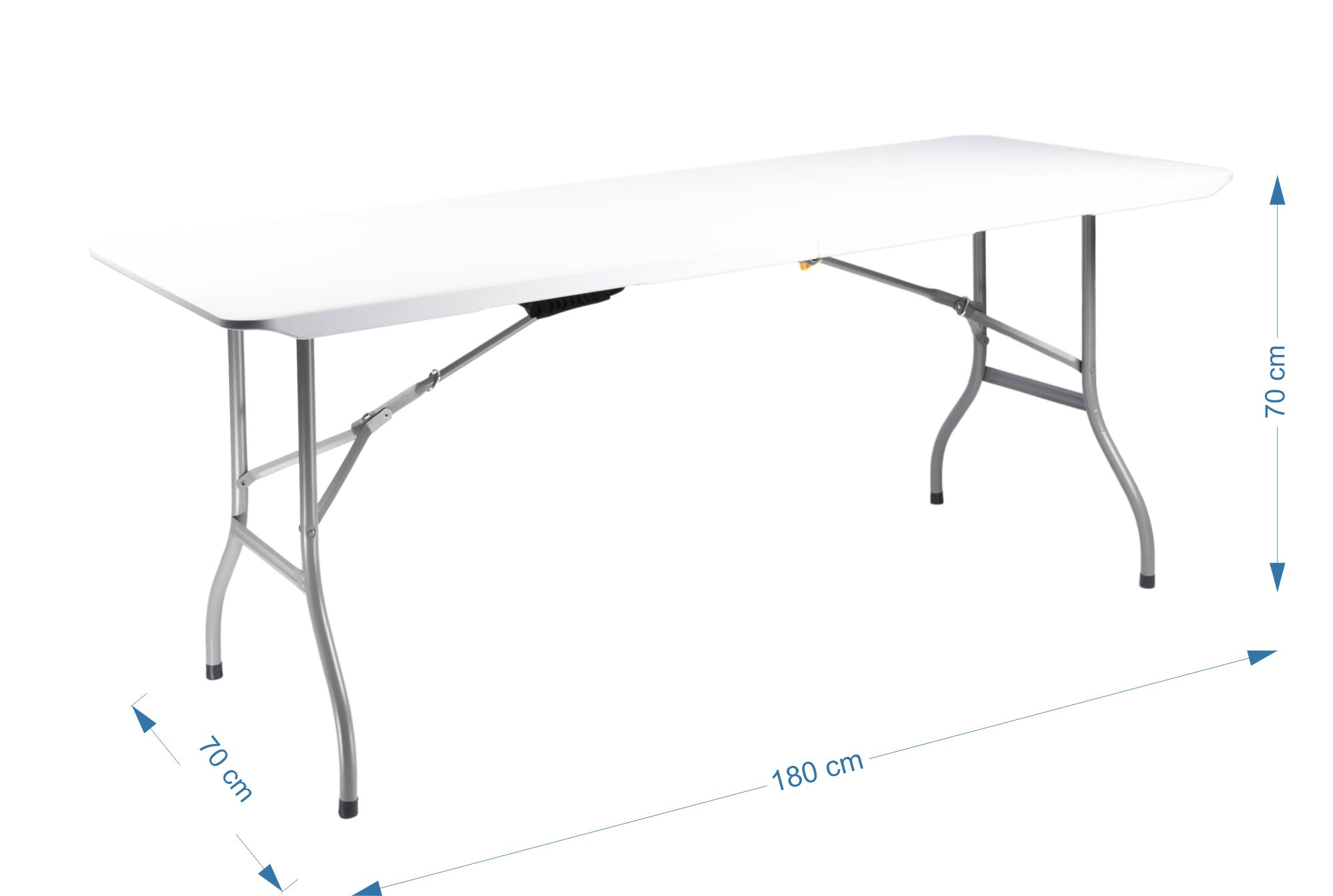 Biały stół składany z metalowymi nogami. Wymiary: 180x70x70 cm.