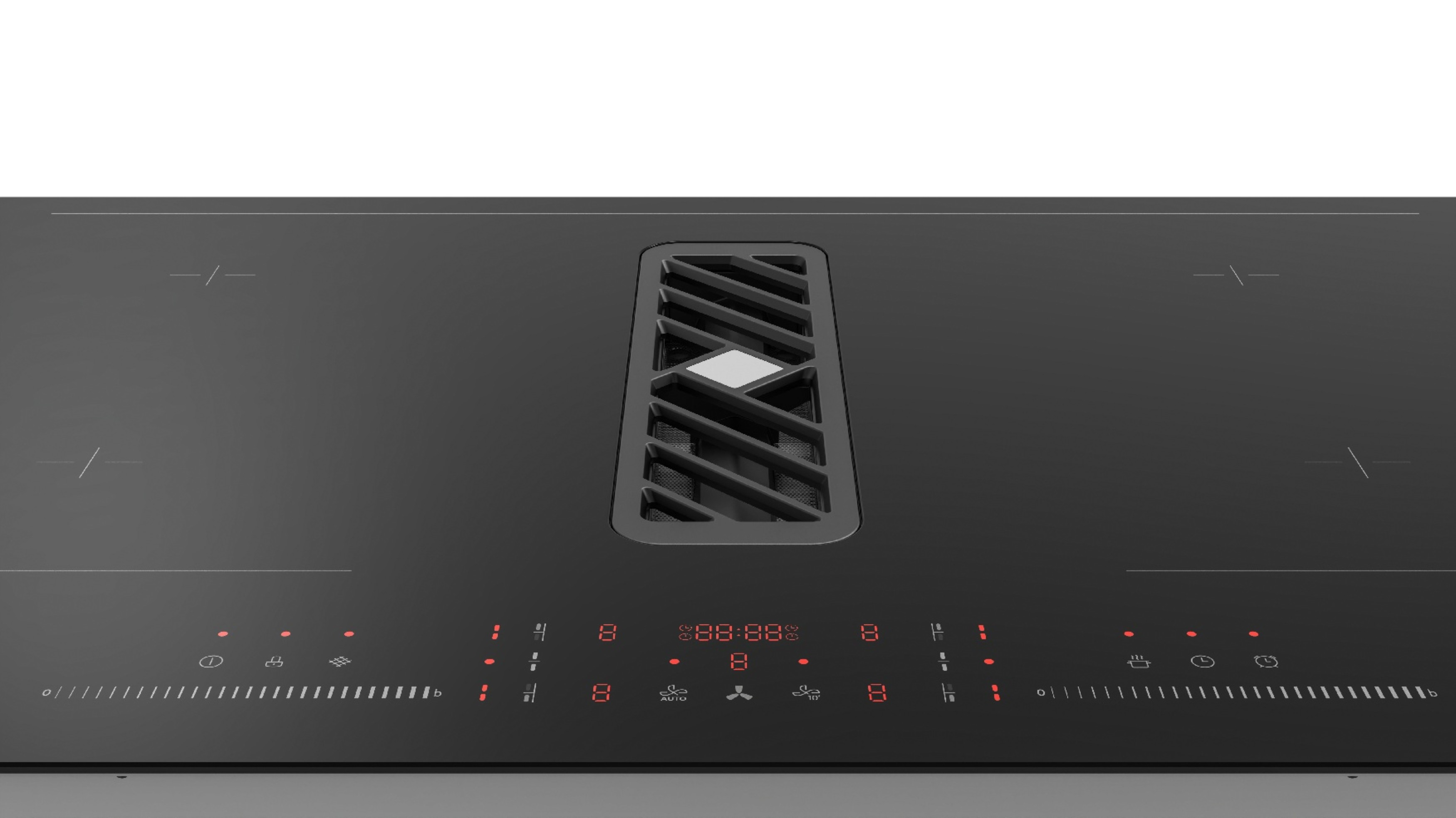 Plaque à induction noire avec grille de ventilation intégrée et commandes tactiles.