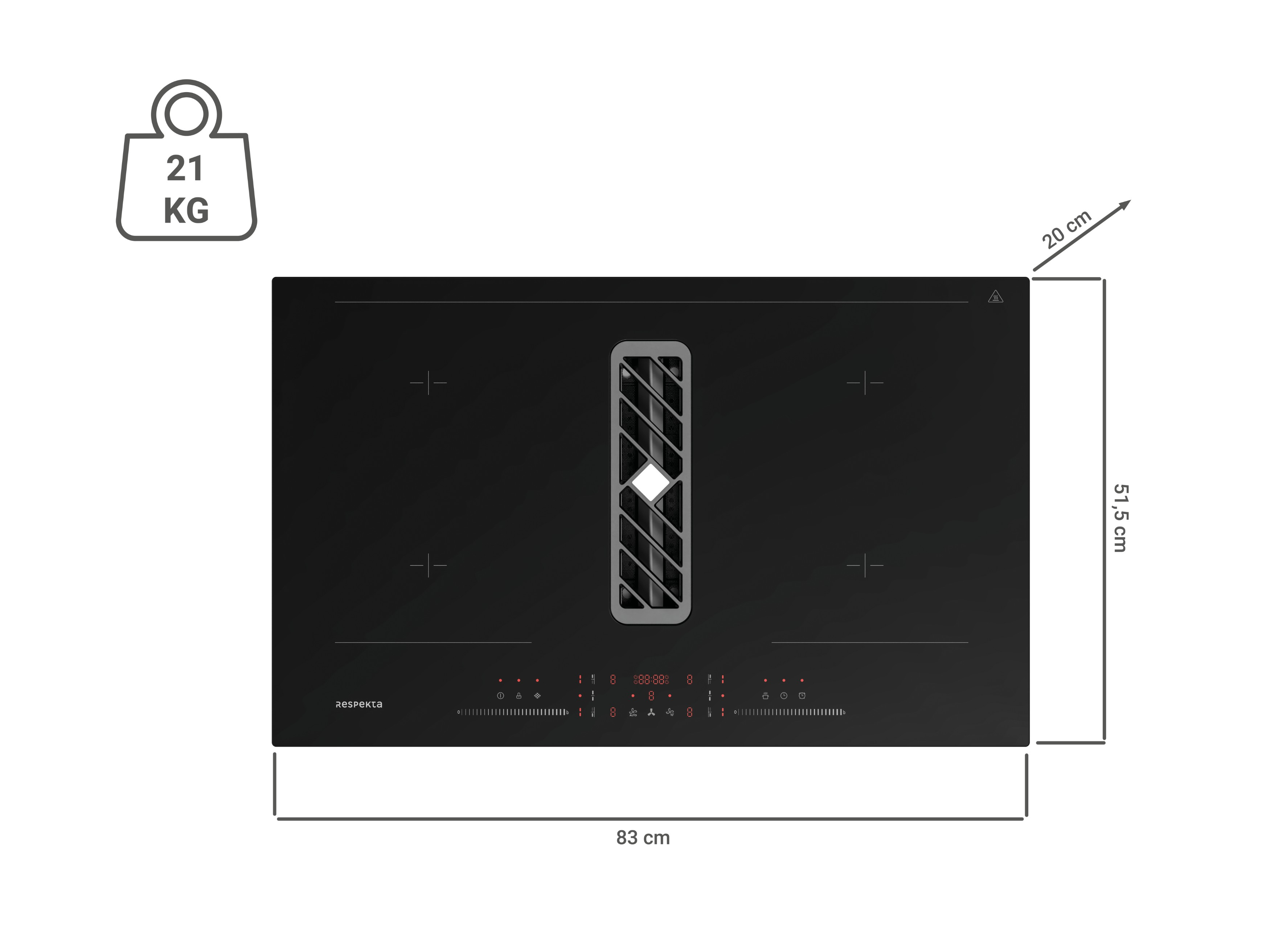 Black induction hob with ventilation, dimensions 83x51.5 cm, weight 21 kg.