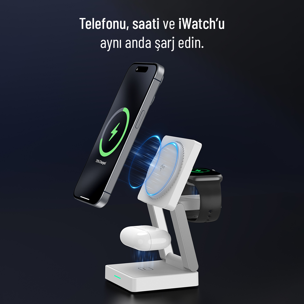 iPhone, Apple Watch ve AirPods için 3'ü 1 arada şarj standı.