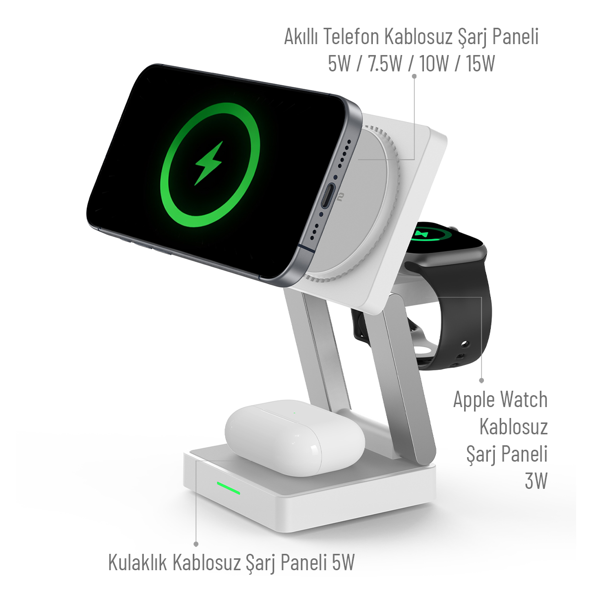Akıllı telefon, Apple Watch ve kulaklık için şarj standı.