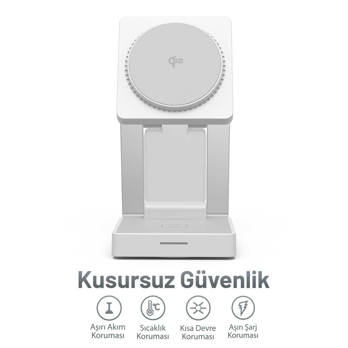 Qi2 logosu ve akım, sıcaklık, kısa devre koruma simgeleri olan beyaz şarj standı.