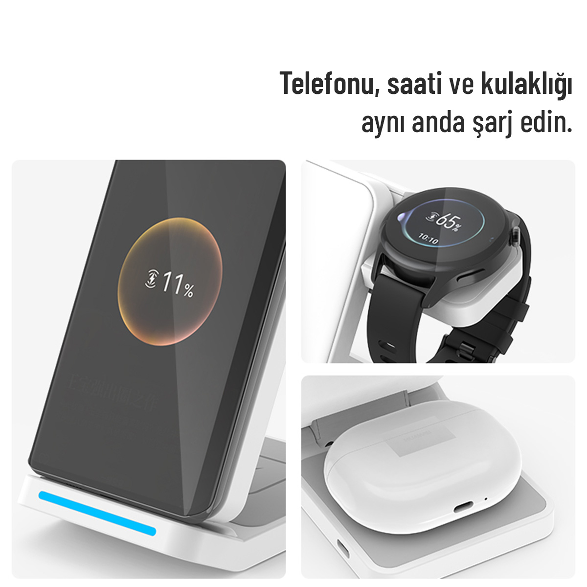Telefon, saat ve kulaklık için üç yuvalı şarj istasyonu.