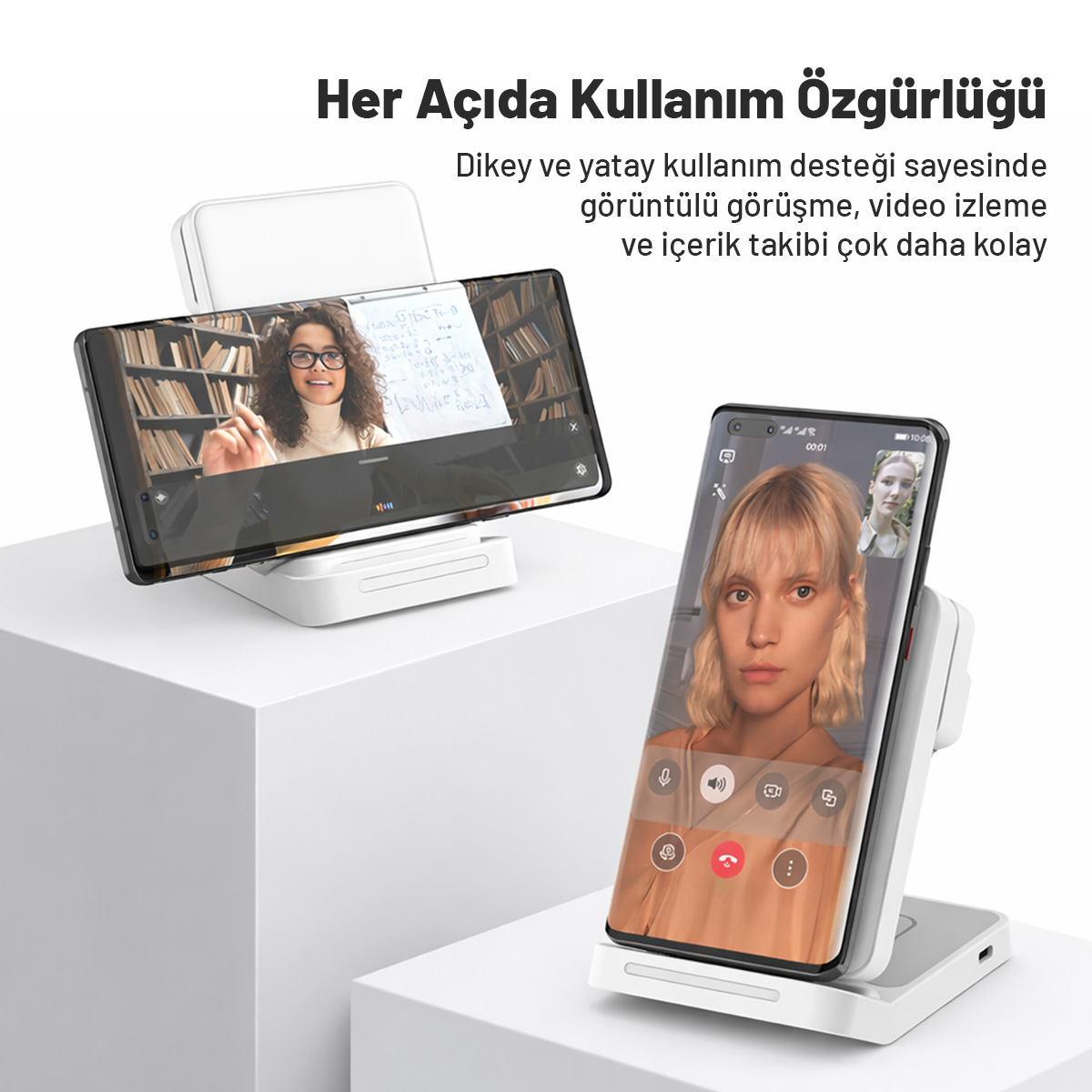 Yatay ve dikey duran telefonlar, üzerlerinde görüntülü görüşme ekranları açık.