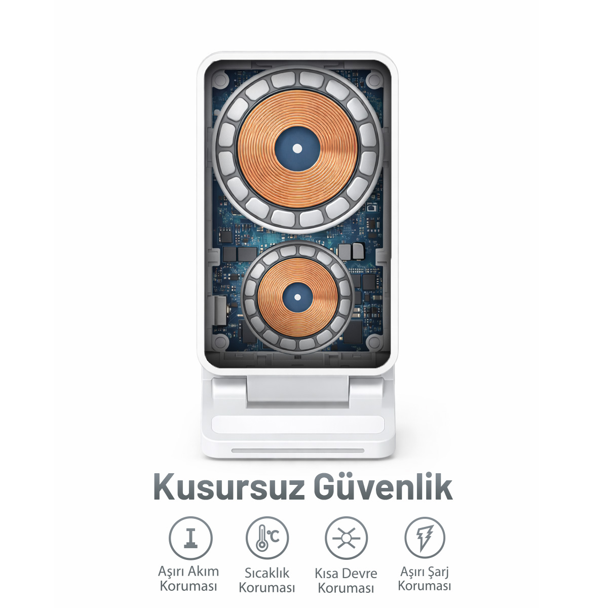 İki bobinli şarj cihazının iç görünümü, akım, sıcaklık, kısa devre ve aşırı yük koruma simgeleriyle.