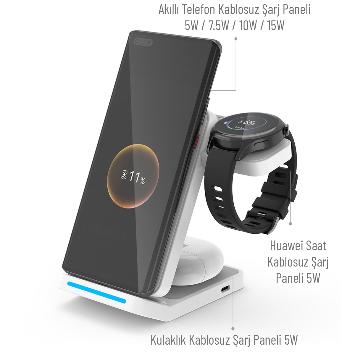 Beyaz bir şarj istasyonunda akıllı telefon, akıllı saat ve kulaklık.