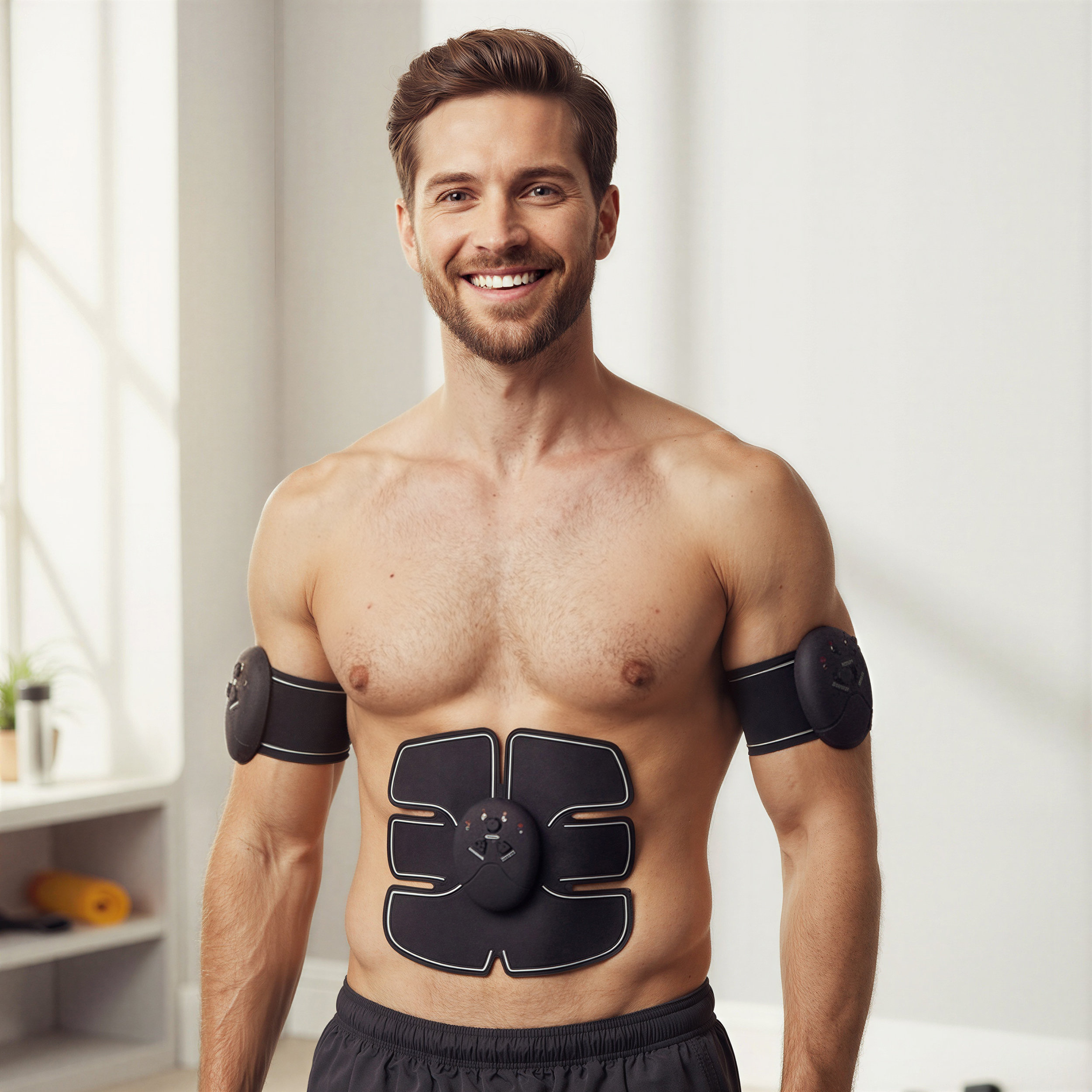 Un hombre con aparatos tonificadores de abdomen y brazos, sonriendo.