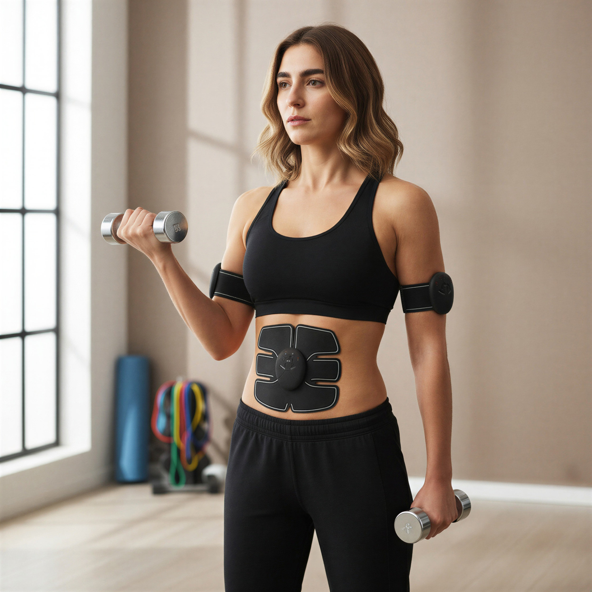 Mujer con dispositivo EMS en el abdomen y mancuernas.