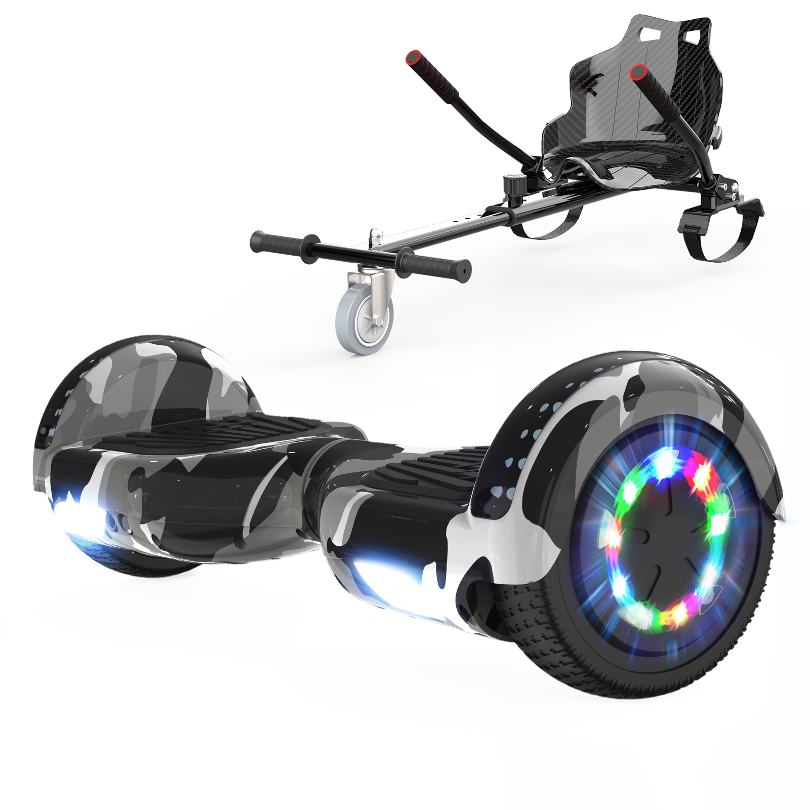 Hoverboard met aangebouwde go-kart stoel en voorwiel op witte achtergrond.