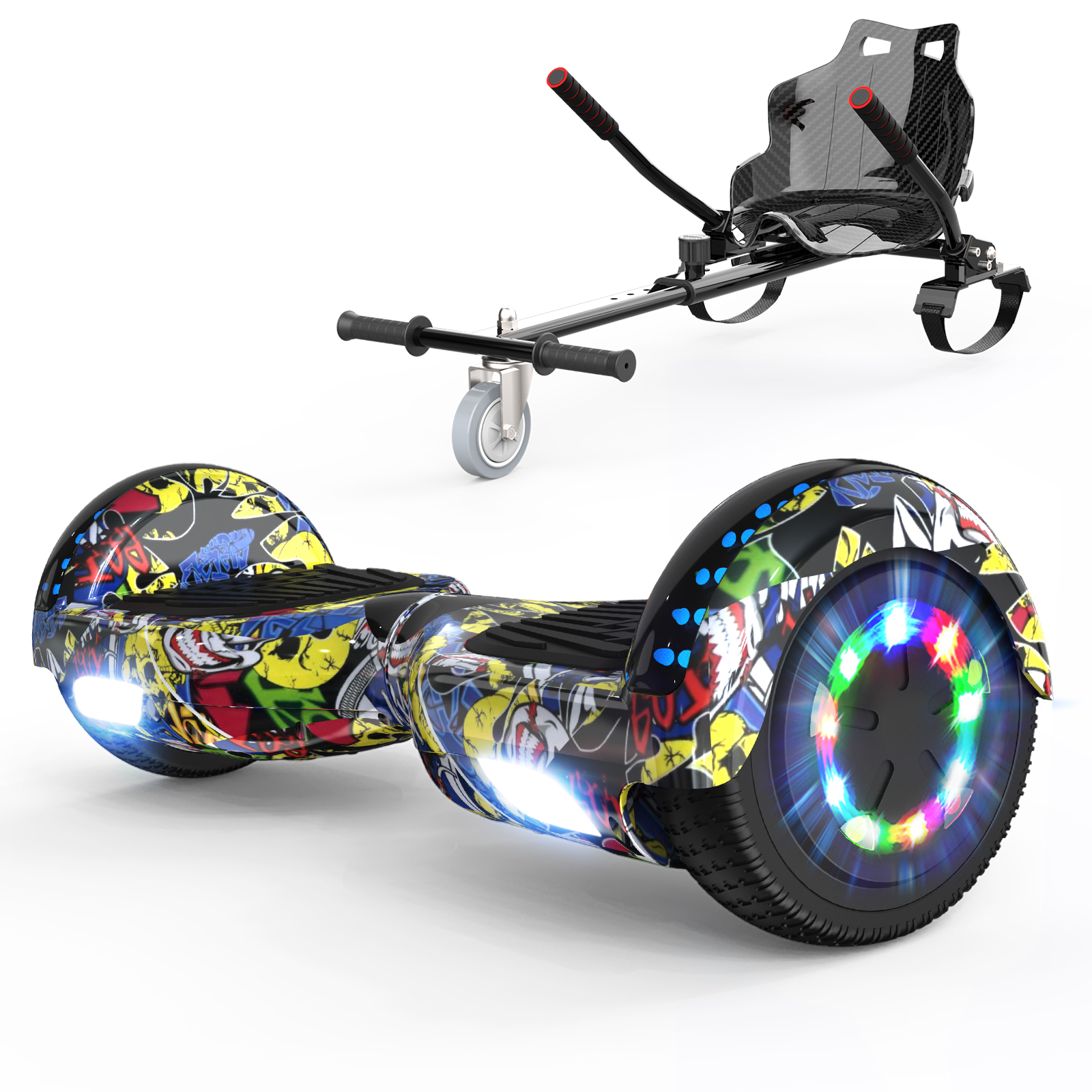 Een kleurrijke hoverboard met graffiti-design en een kart-opzetstuk met carbon zitting.