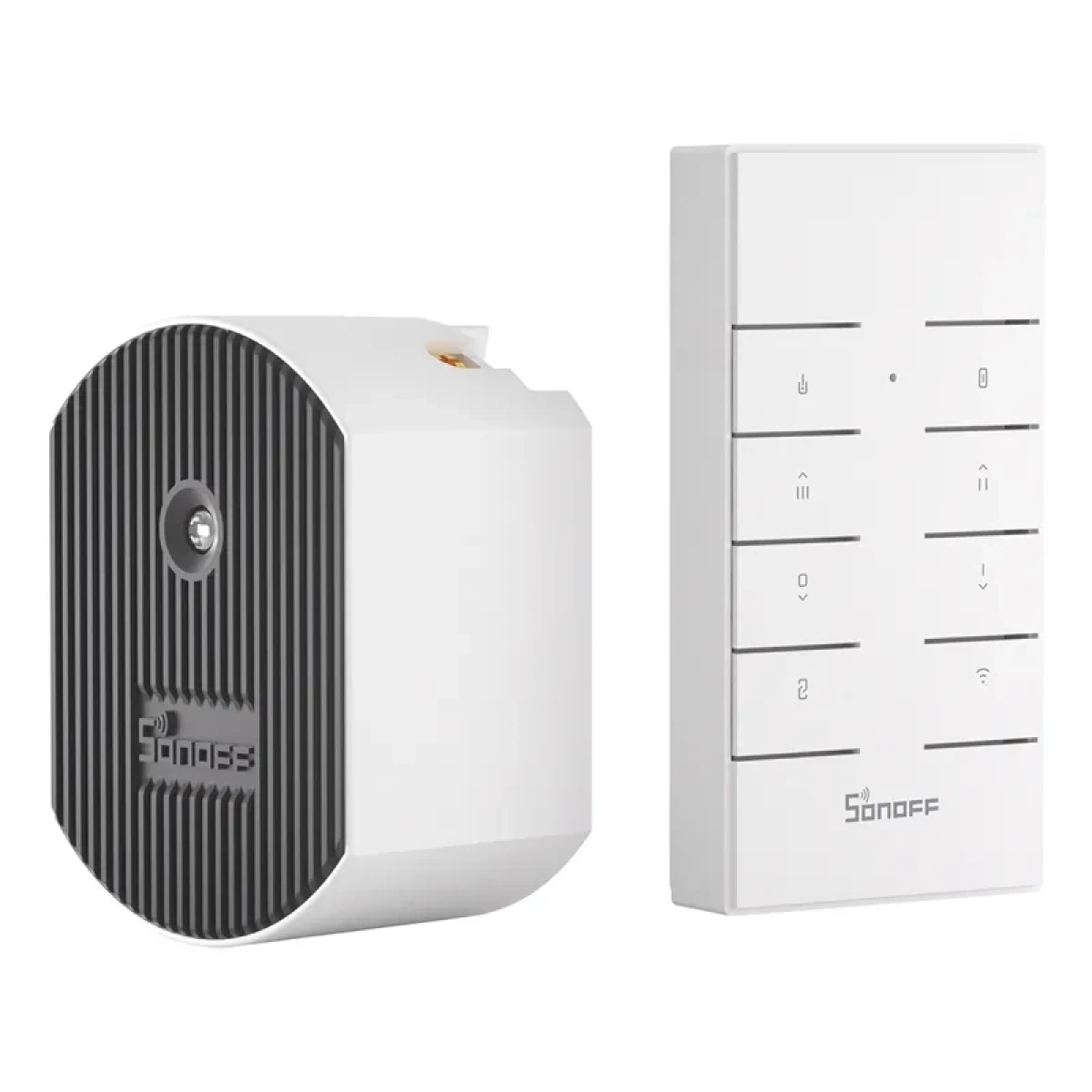 Białe urządzenie Sonoff smart home i pilot na białym tle.