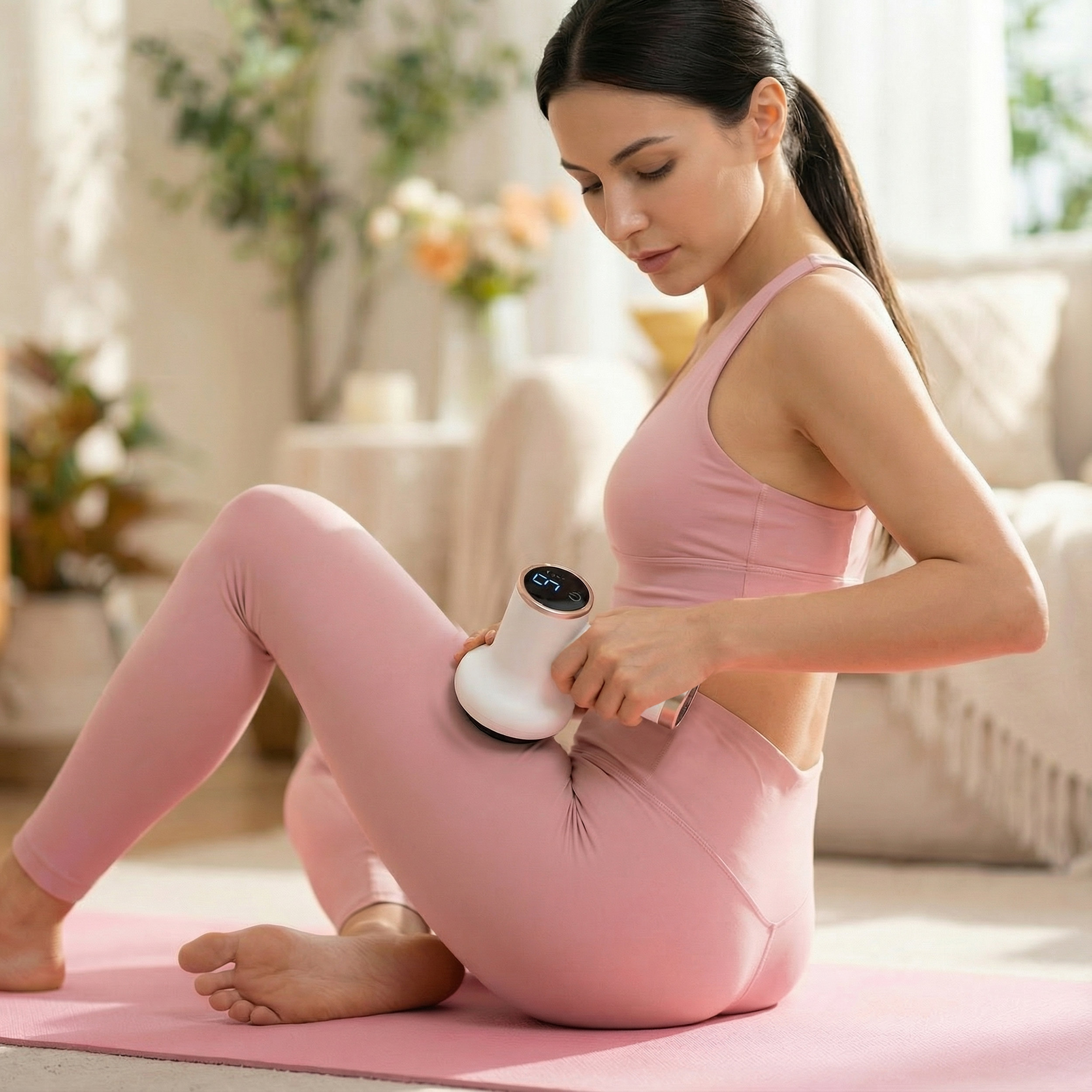 Una mujer con ropa deportiva rosa usa un masajeador en el muslo.