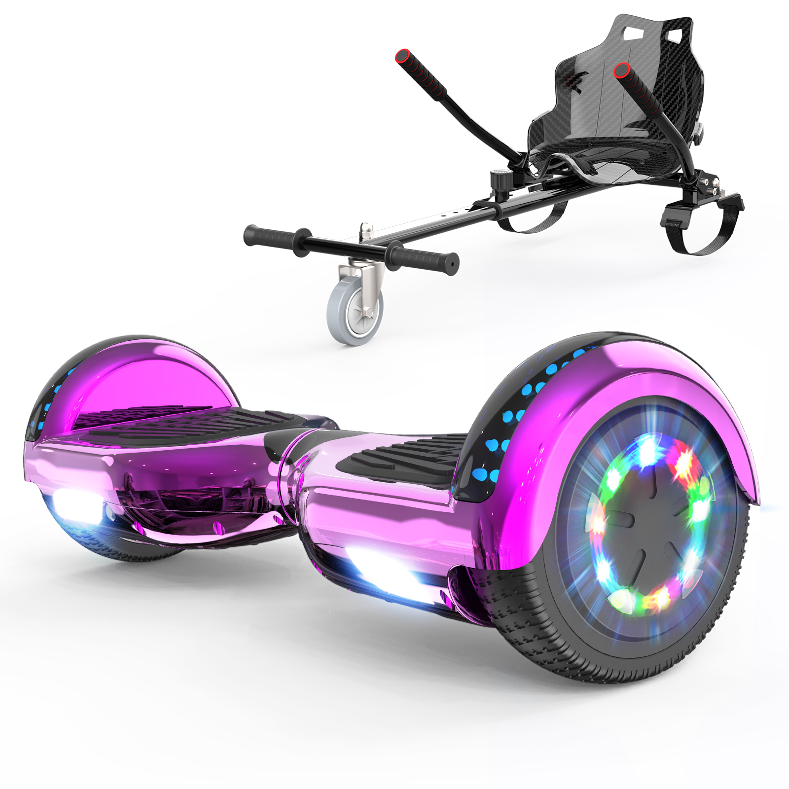 Een glanzende paarse hoverboard met kleurrijke LED-verlichting en een zwarte hoverboard-stoelbijlage.
