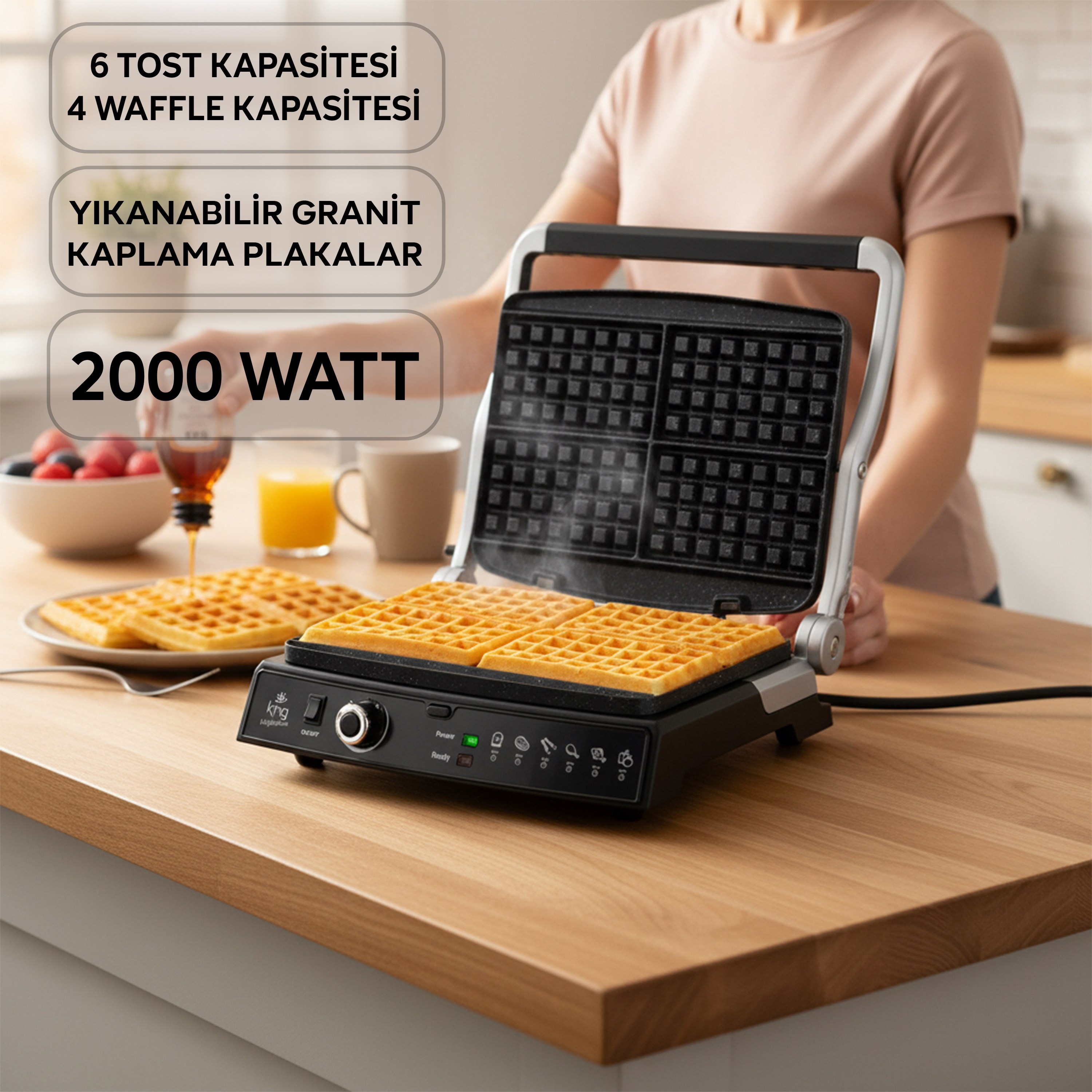 Dört adet bitmiş waffle ve arkada bir kişinin olduğu waffle makinesi.