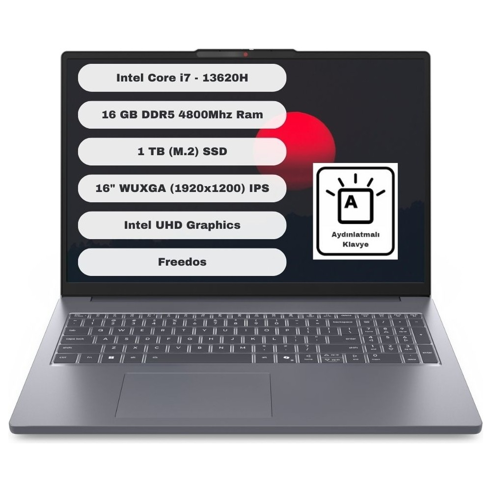 Gri dizüstü bilgisayar özellikleri: Intel Core i7, 16 GB RAM, 1 TB SSD, 16" ekran, Intel UHD Graphics, Freedos.