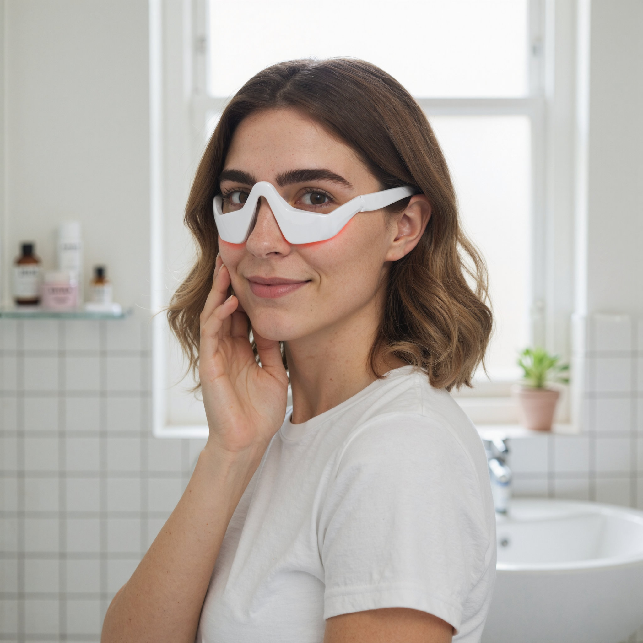 Mujer con máscara facial blanca y luces rojas en un baño.