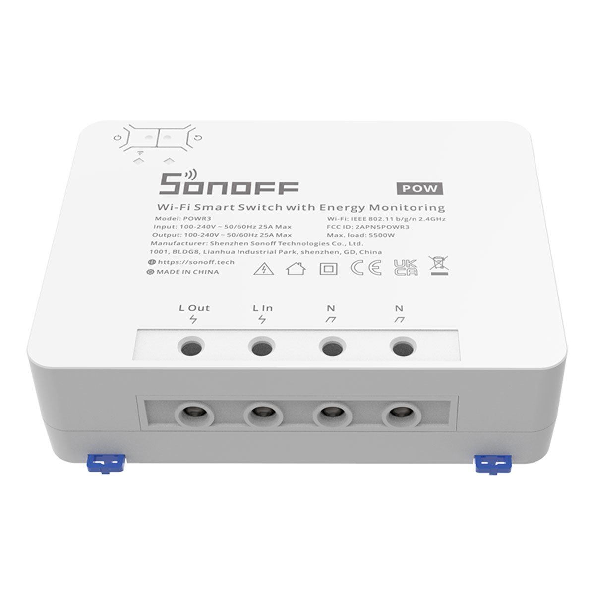 Biały inteligentny przełącznik Wi-Fi Sonoff POWR3 z monitorowaniem energii i portami.