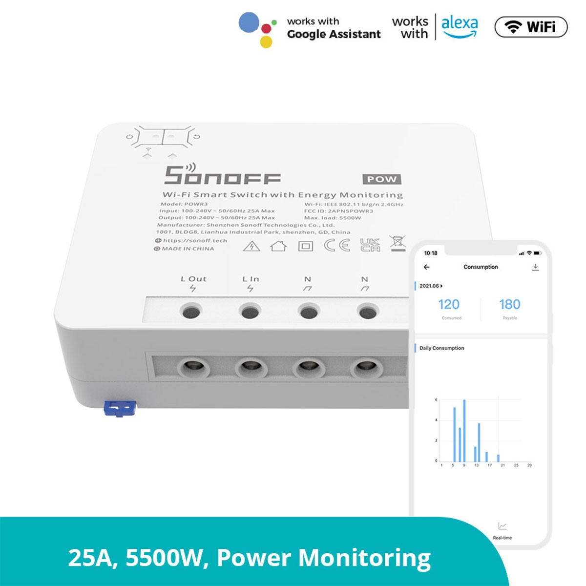 Biały inteligentny przełącznik Sonoff z monitorowaniem energii i portami.