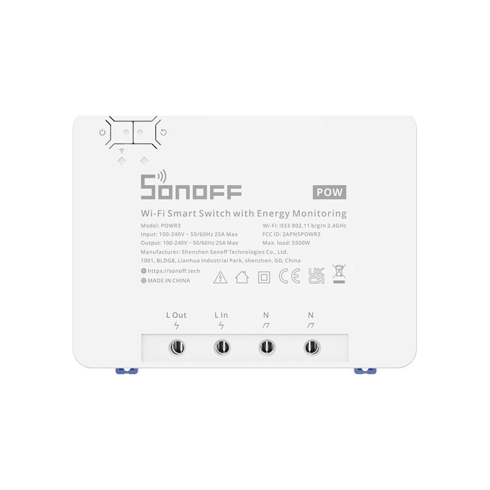 Inteligentny przełącznik Wi-Fi Sonoff POWR3 z monitorowaniem energii, ze złączami śrubowymi.