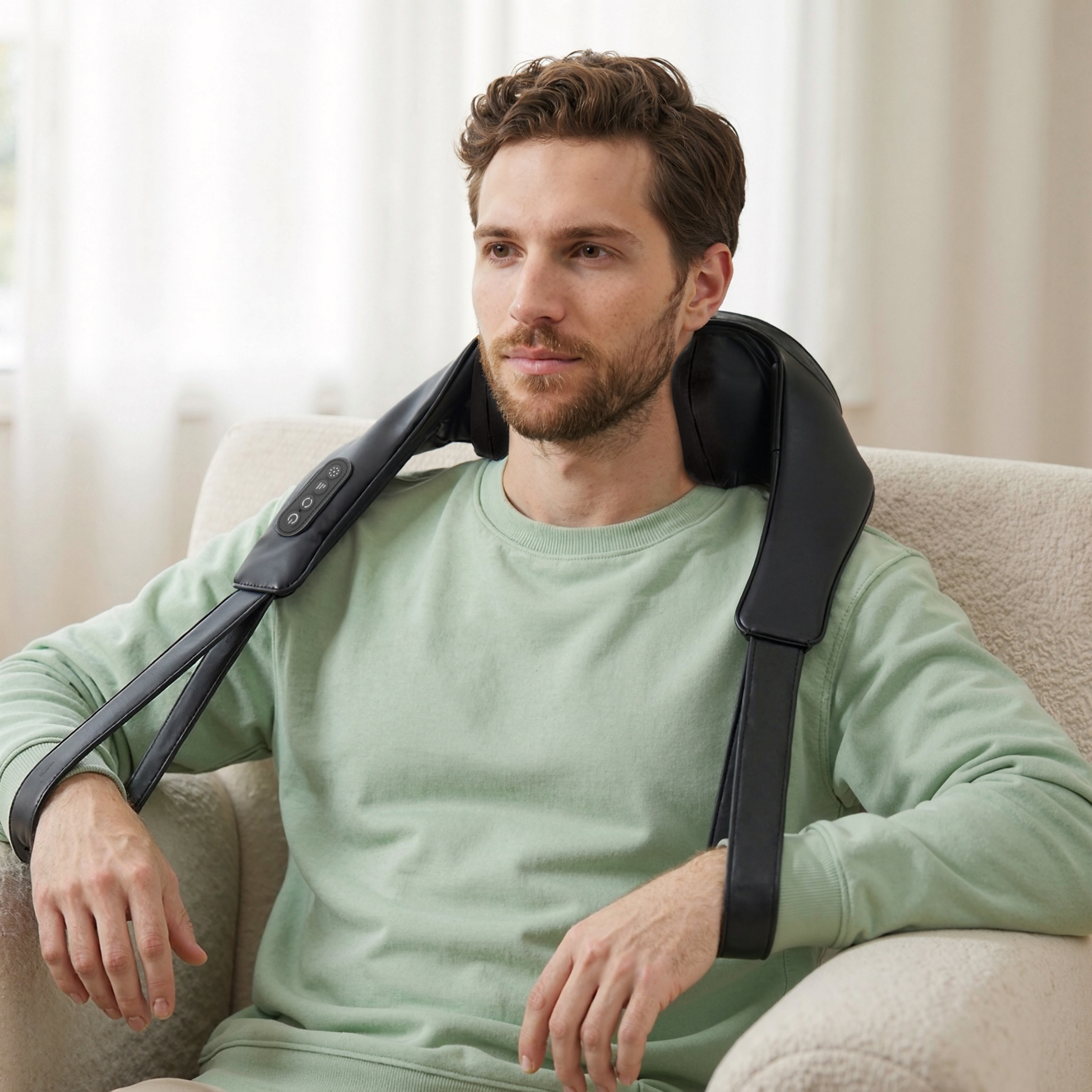 Un hombre se sienta en un sillón con un masajeador de cuello.
