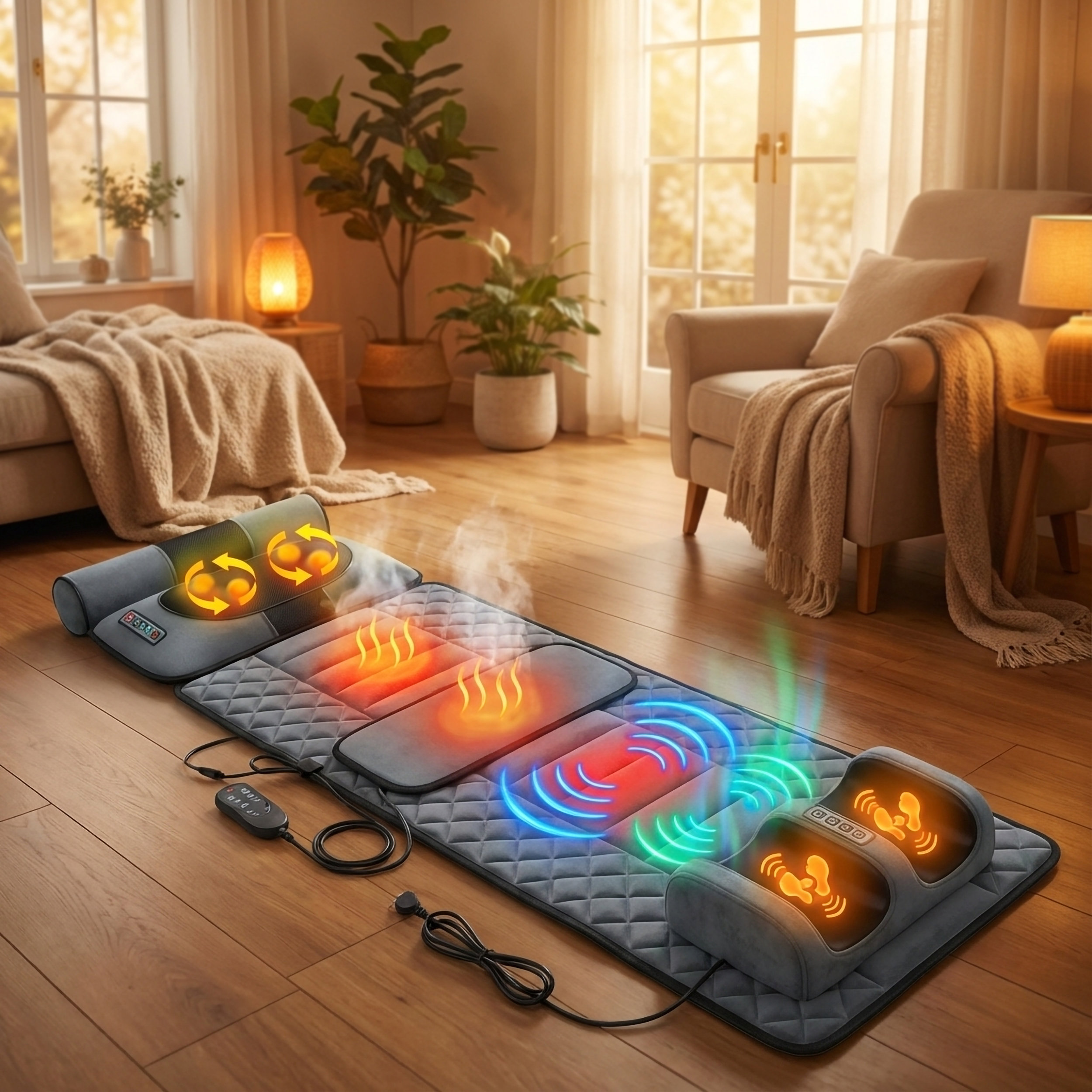 Una alfombra de masaje gris con zonas iluminadas de calor y vibración sobre suelo de madera.