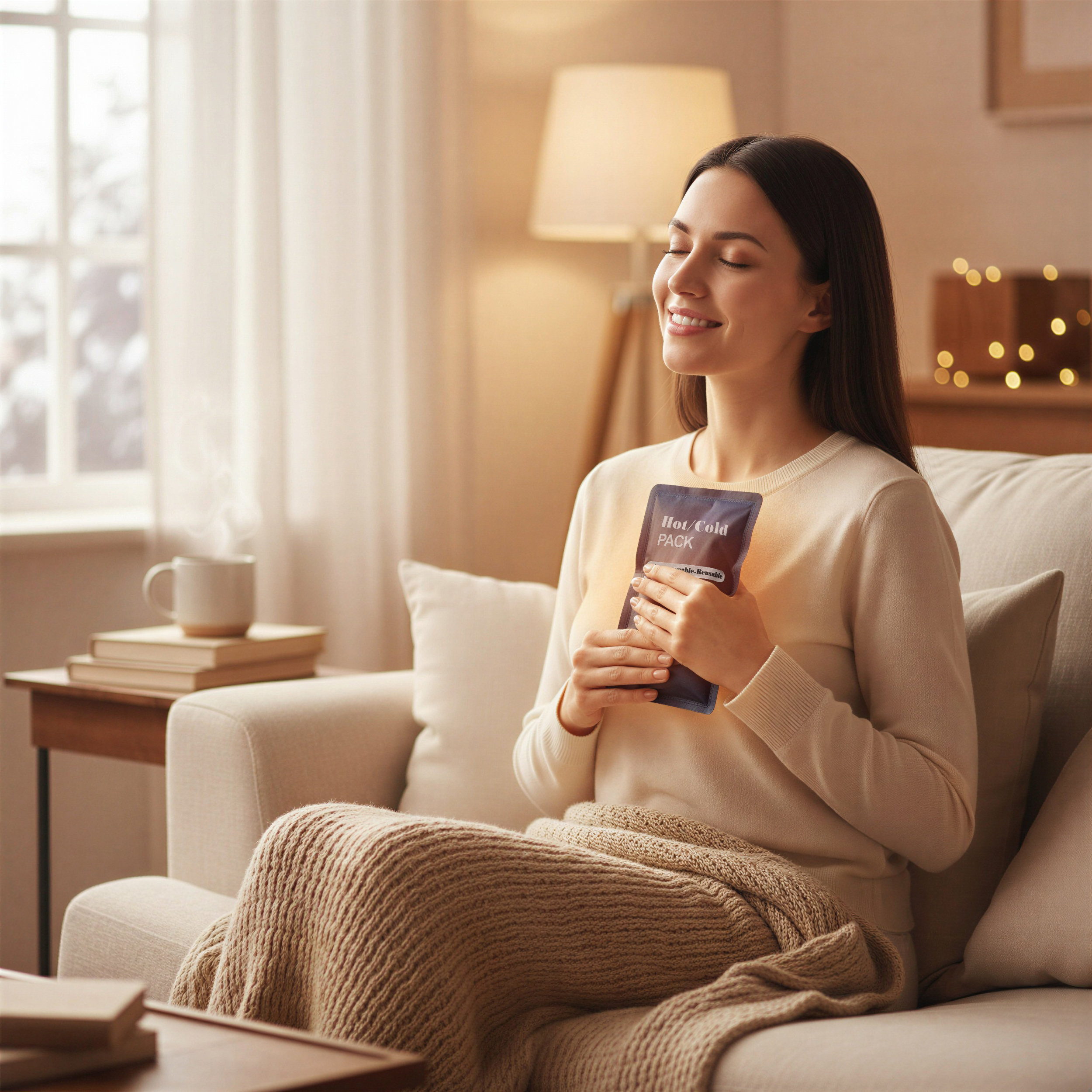 Mujer en sofá con bolsa de calor, ventana, lámpara, libros y taza de fondo.