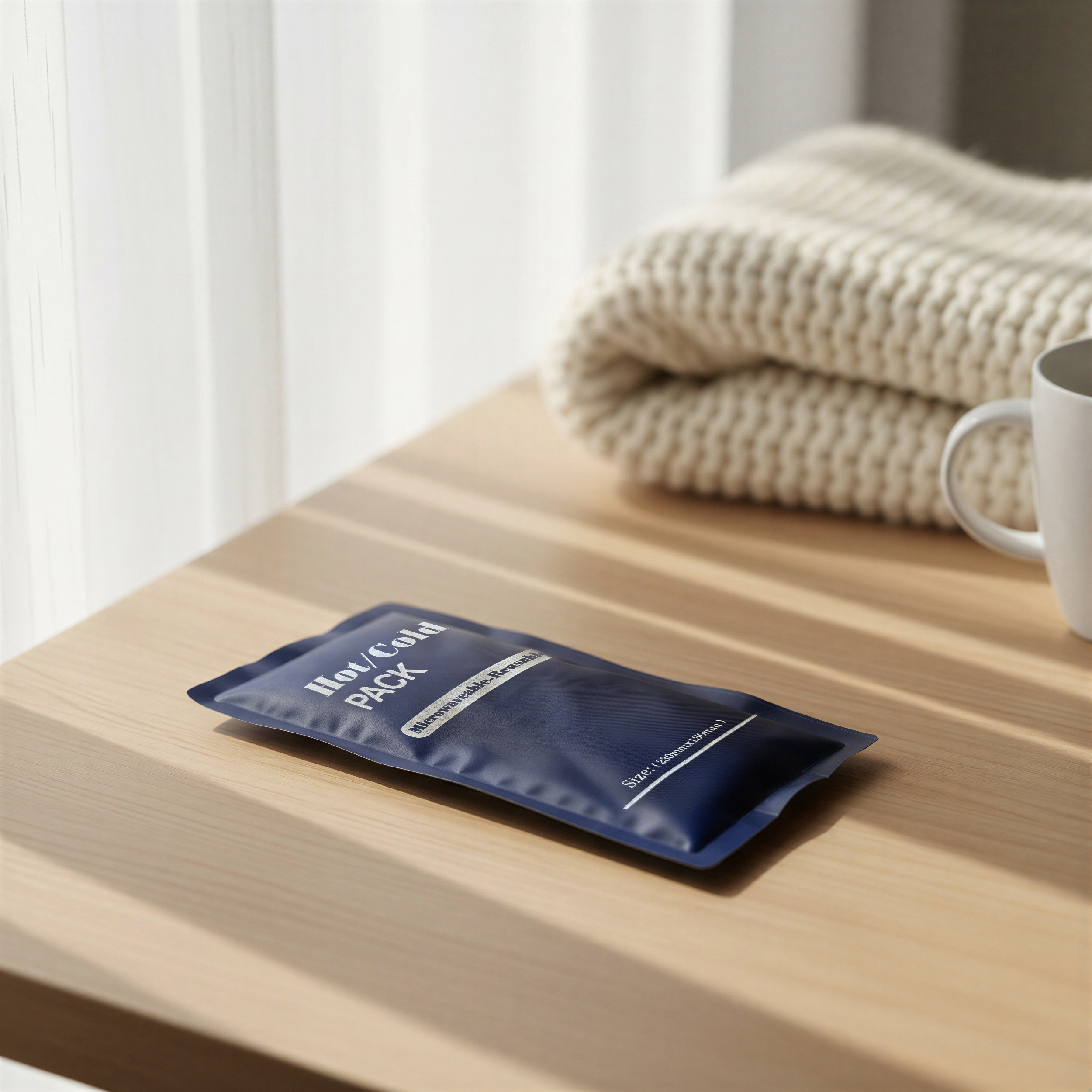 Un paquete azul frío/caliente descansa sobre una mesa de madera. Un suéter tejido y una taza al fondo.