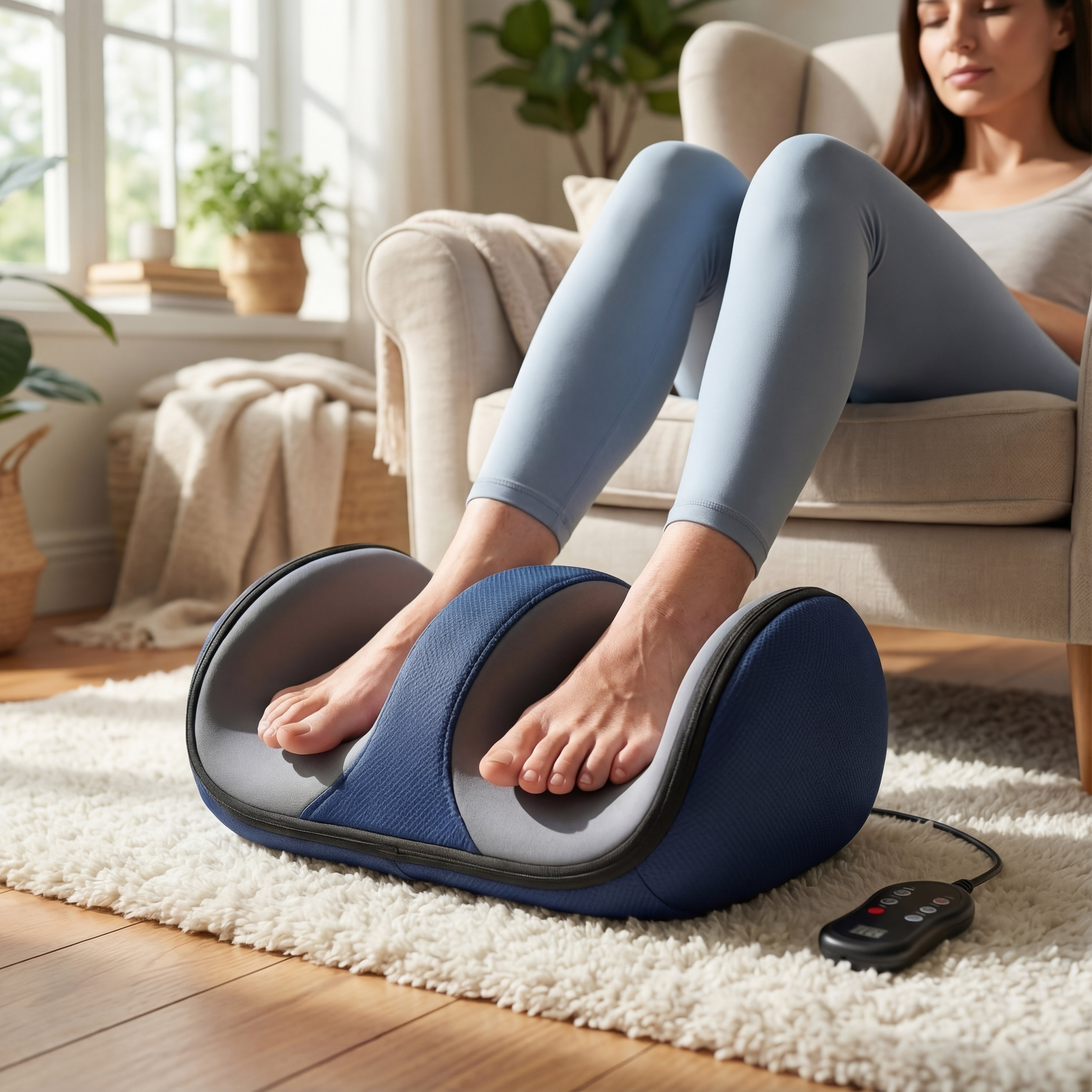 Una mujer sentada en un sillón usa un masajeador de pies. La escena es interior.