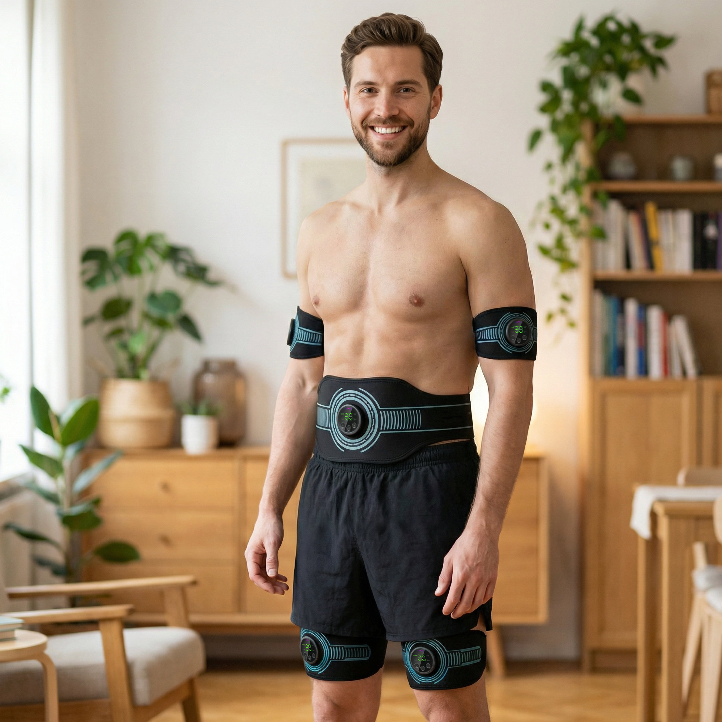 Hombre con dispositivos EMS en brazos, abdomen y piernas en sala.
