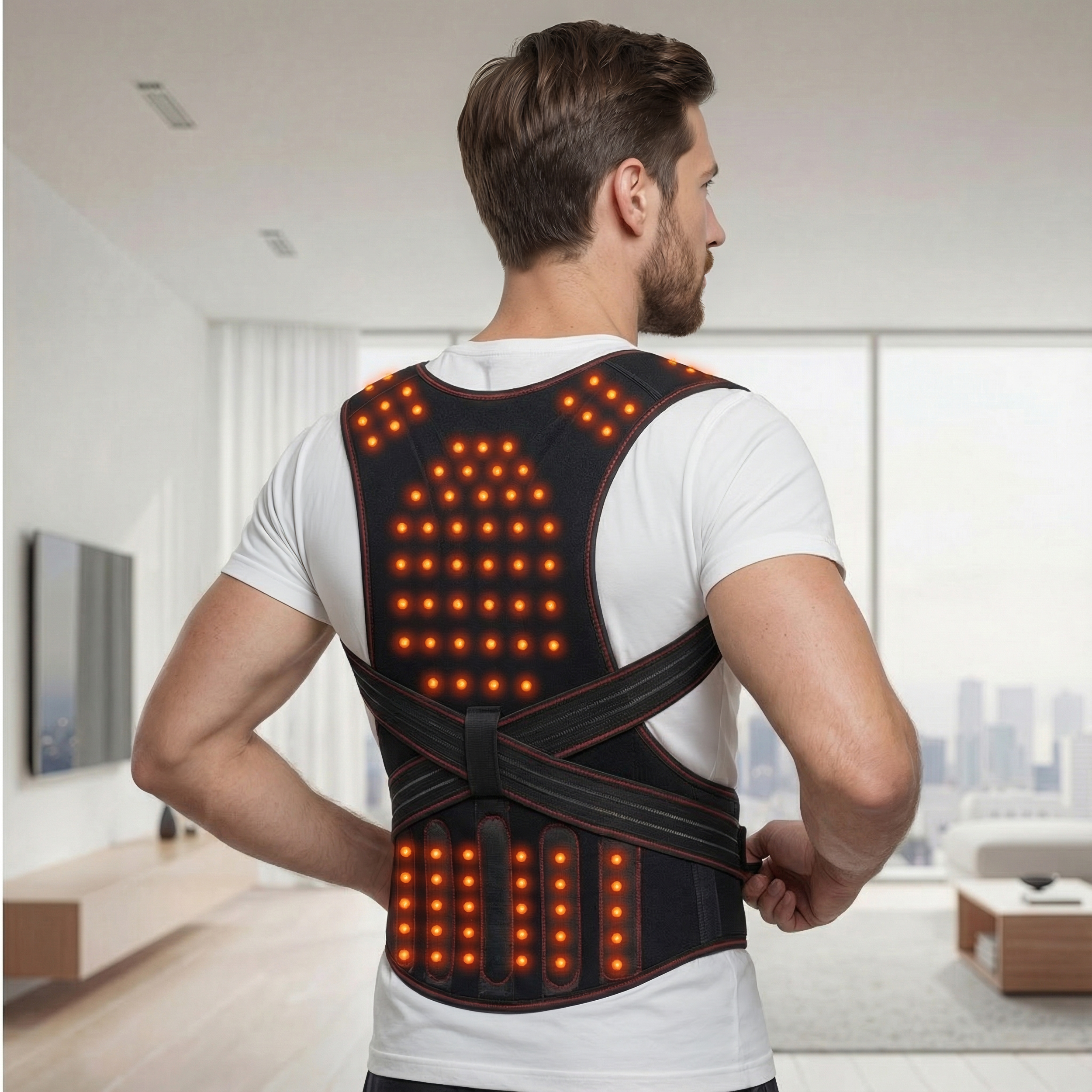 Hombre con un corrector de postura con luces naranjas brillantes.