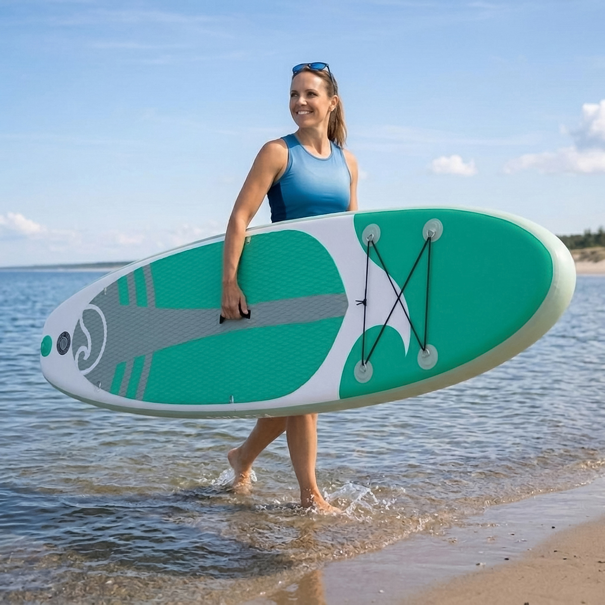 Kobieta niesie deskę SUP na plaży, wchodząc do wody.