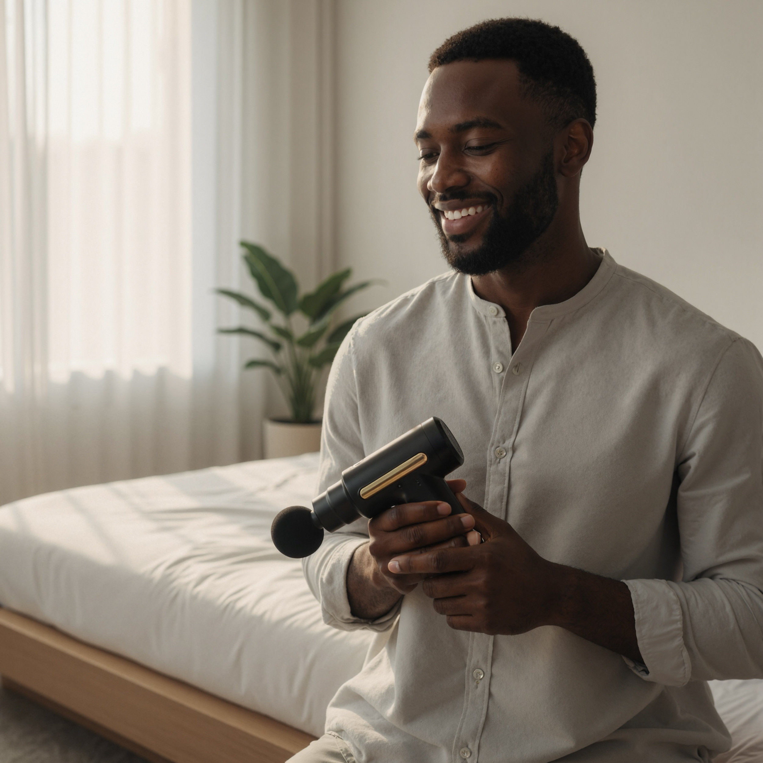 Hombre sostiene pistola de masaje frente a cama con ropa de cama blanca, planta.