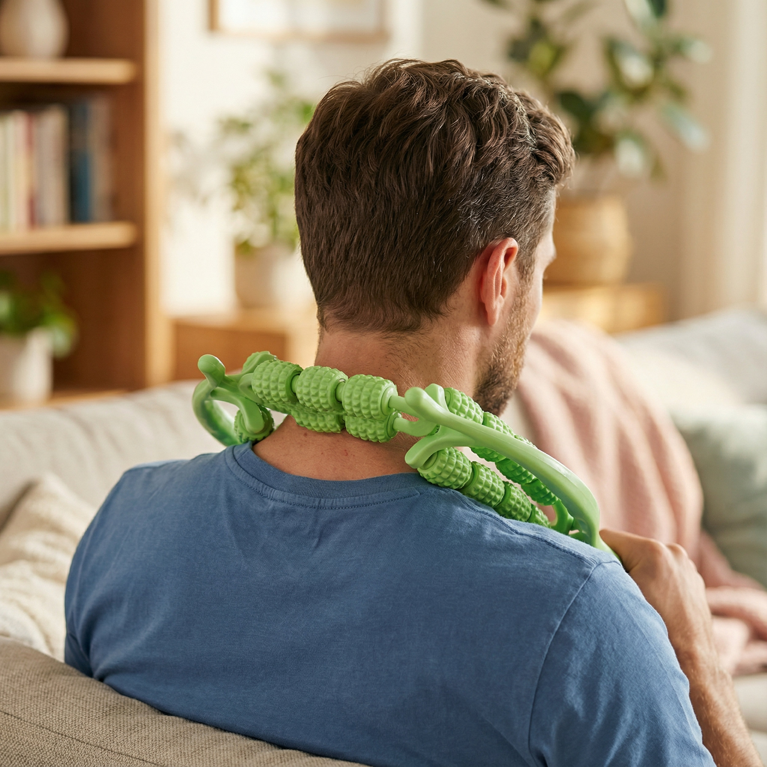 Hombre con rodillo verde para cuello sentado en sofá, mirando por encima del hombro.