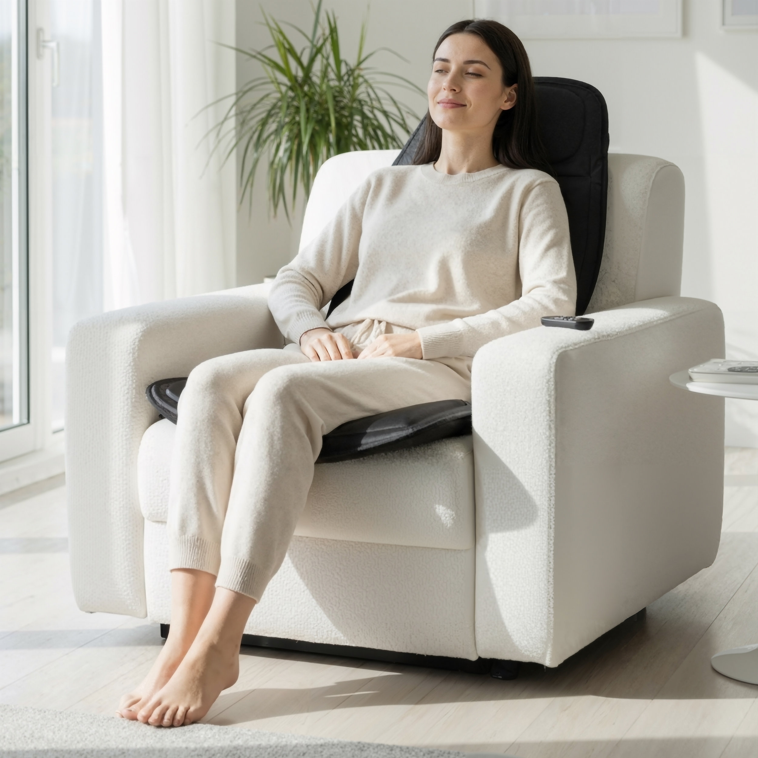 Una mujer se relaja en un sillón con cojín de masaje.