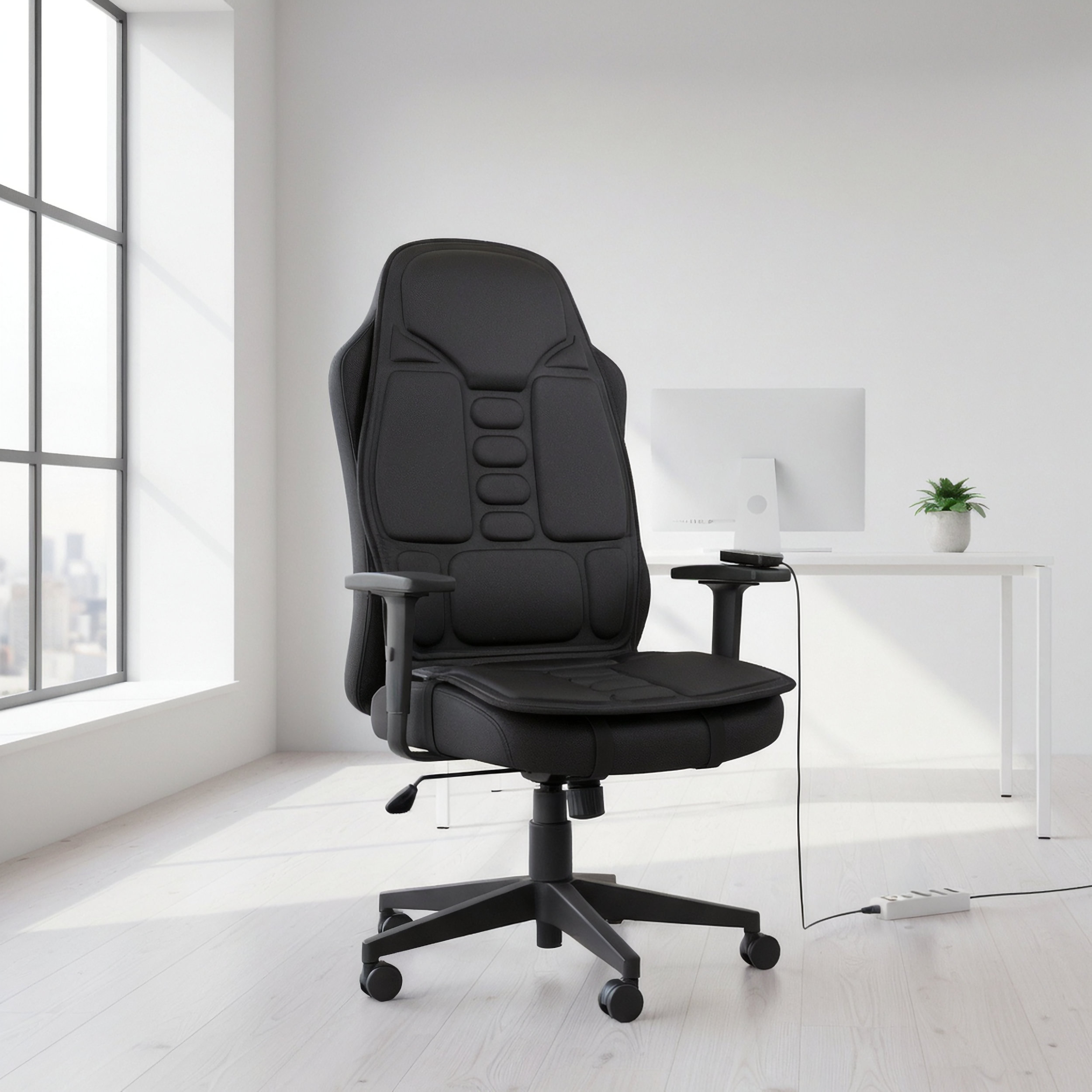 Silla de oficina negra con función de masaje y pedal en una sala luminosa.