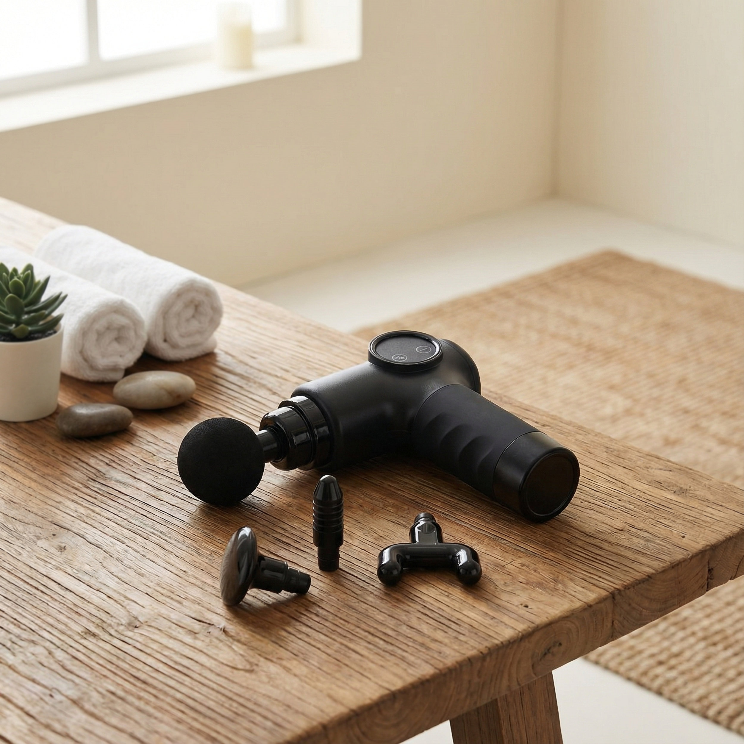 Pistola de masaje negra con accesorios sobre mesa de madera, junto a toallas y planta.